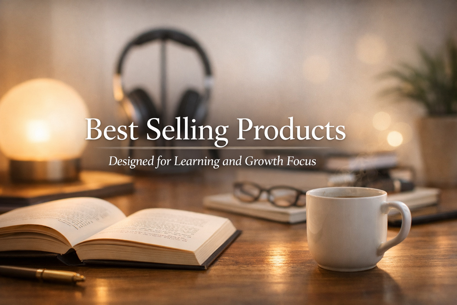 A cozy workspace with an open book, a white coffee mug, glasses, a pen, a lamp, headphones, a closed notebook, and a plant on a wooden desk, with overlaid text that reads 'Best Selling Products' and 'Designed for Learning and Growth Focus.'