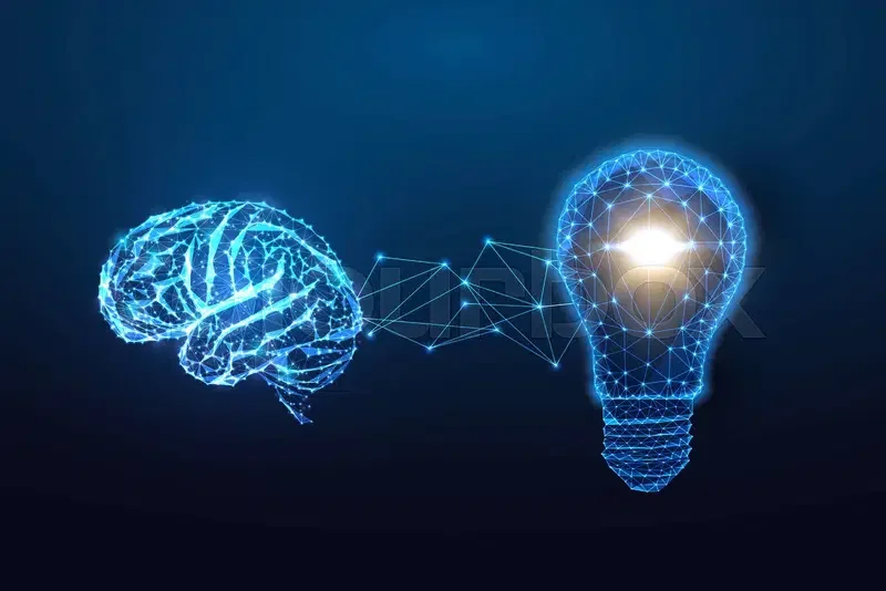 Digital illustration of a human brain connected to a lightbulb, symbolizing innovation and ideas with a dark background.