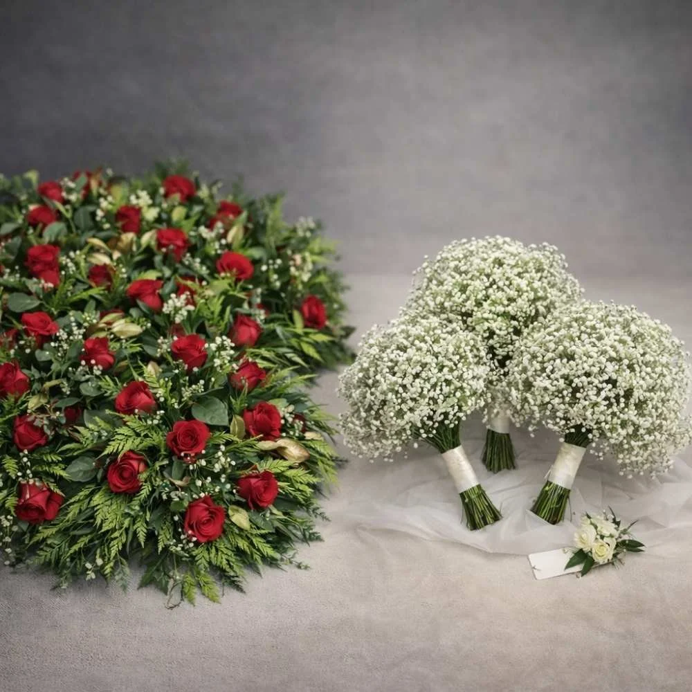 Wedding flowers by Pasha Flowers featuring a red rose wedding table arrangement and white gypsophila bridal bouquets on a neutral studio background