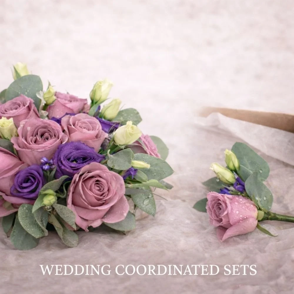 Pink and Purple roses in a wedding bouquet and buttonhole created by Pasha Flowers