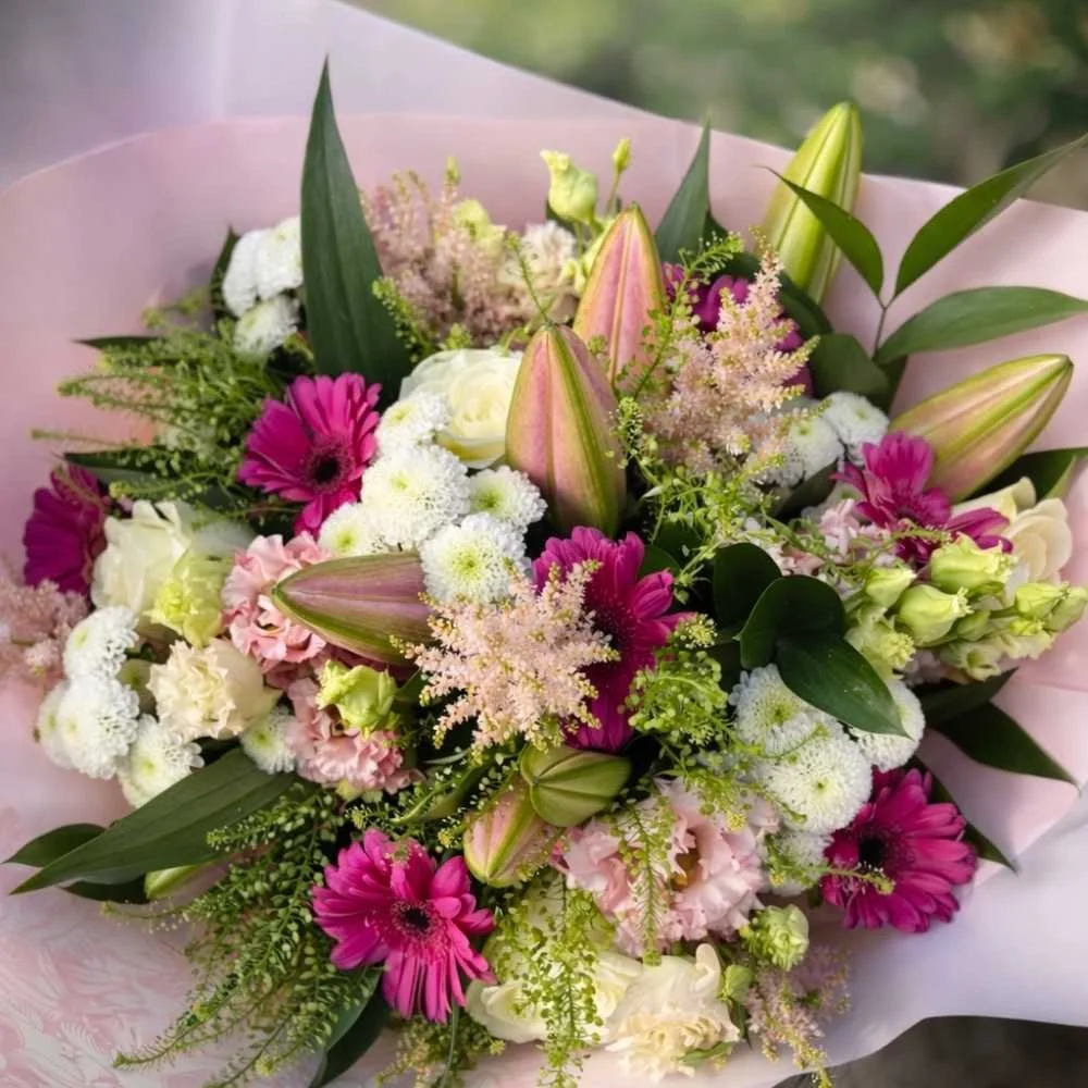 Beautiful pink and cream traditional flower bouquet