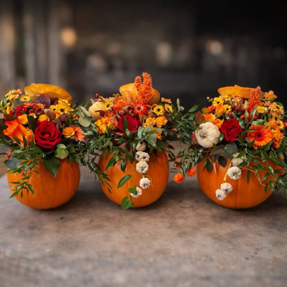Autumn pumpkin flower arrangements with seasonal flowers and foliage