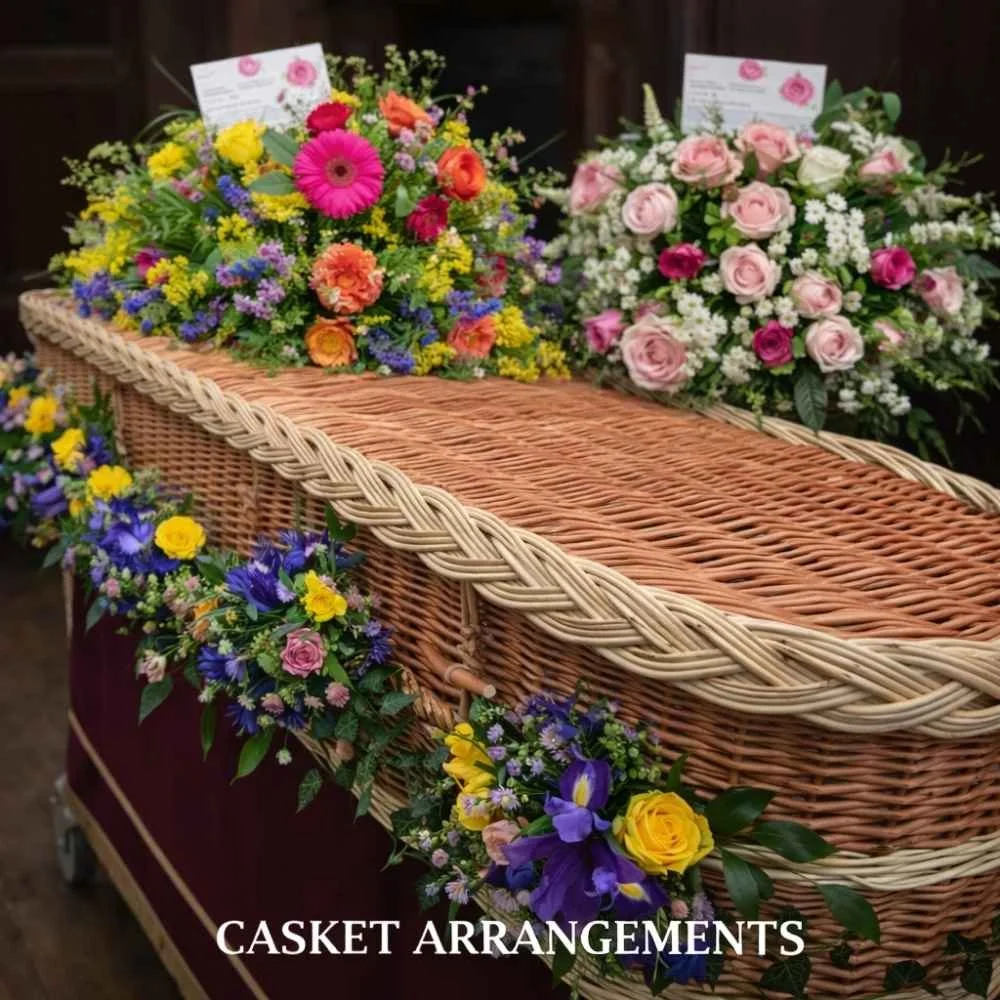 Image of a woven casket with beautiful flower arrangements on it by Pasha Flowers