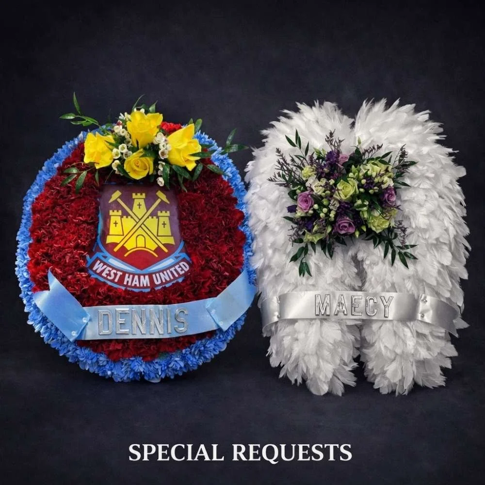 Two funeral wreaths: one with West Ham United emblem and the name Dennis, the other with purple and white flowers with the name Maecy, under the text 'Special Requests'.