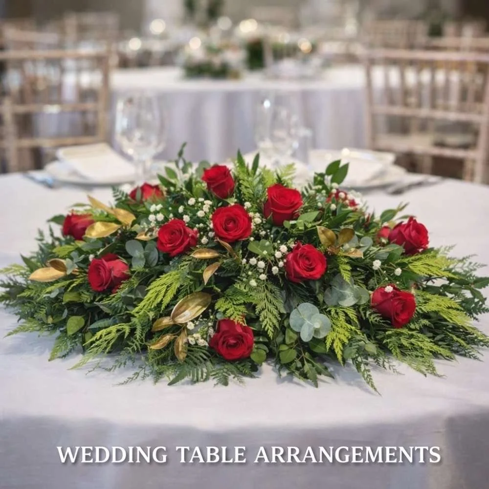 Wedding table arrangement with red roses