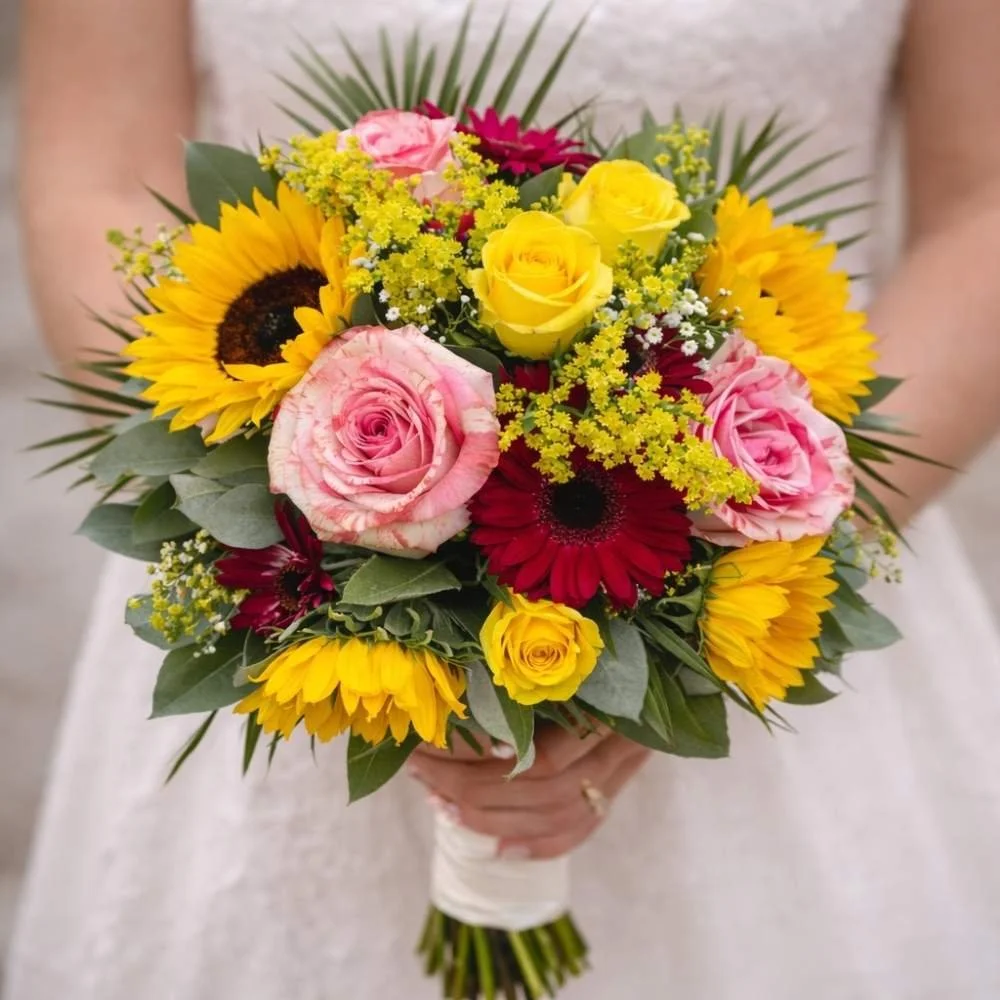 Wedding bouquet with sunflowers, pink roses, red gerbras hand tied in a brides hands, handcrafted by Pasha Flowers