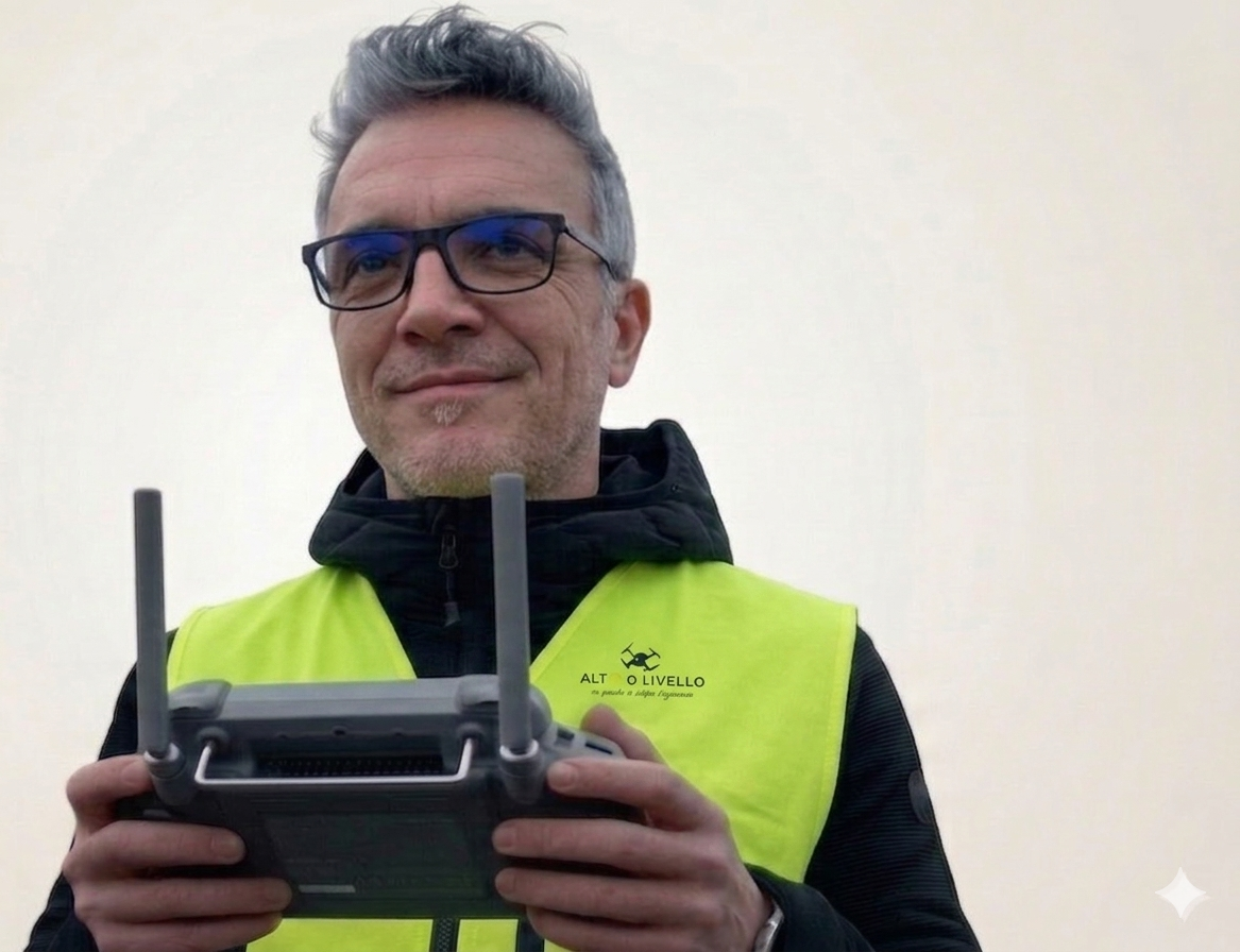 Uomo con giacca nera e giubbotto giallo fluorescente, che sorride mentre tiene un radiocomando per drone.