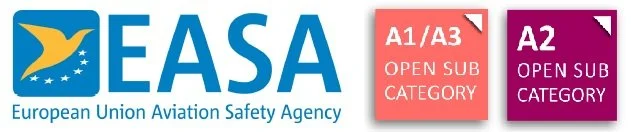 Logo dell'Agenzia europea per la sicurezza aerea dell'aviazione con indicazioni sulle categorie di sottogruppo A1/A3 e A2 per il volo.