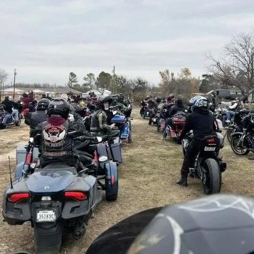 A large group of motorcyclists gathered outdoors, parked on a grassy area with some trees and cloudy sky in the background.