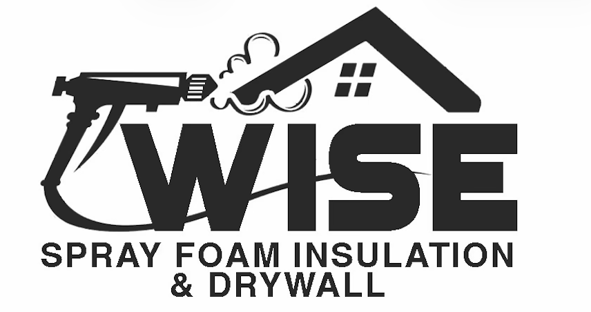 Logo of WISE, a home insulation company, featuring a house roof, spray foam gun, and text about spray foam insulation and drywall.