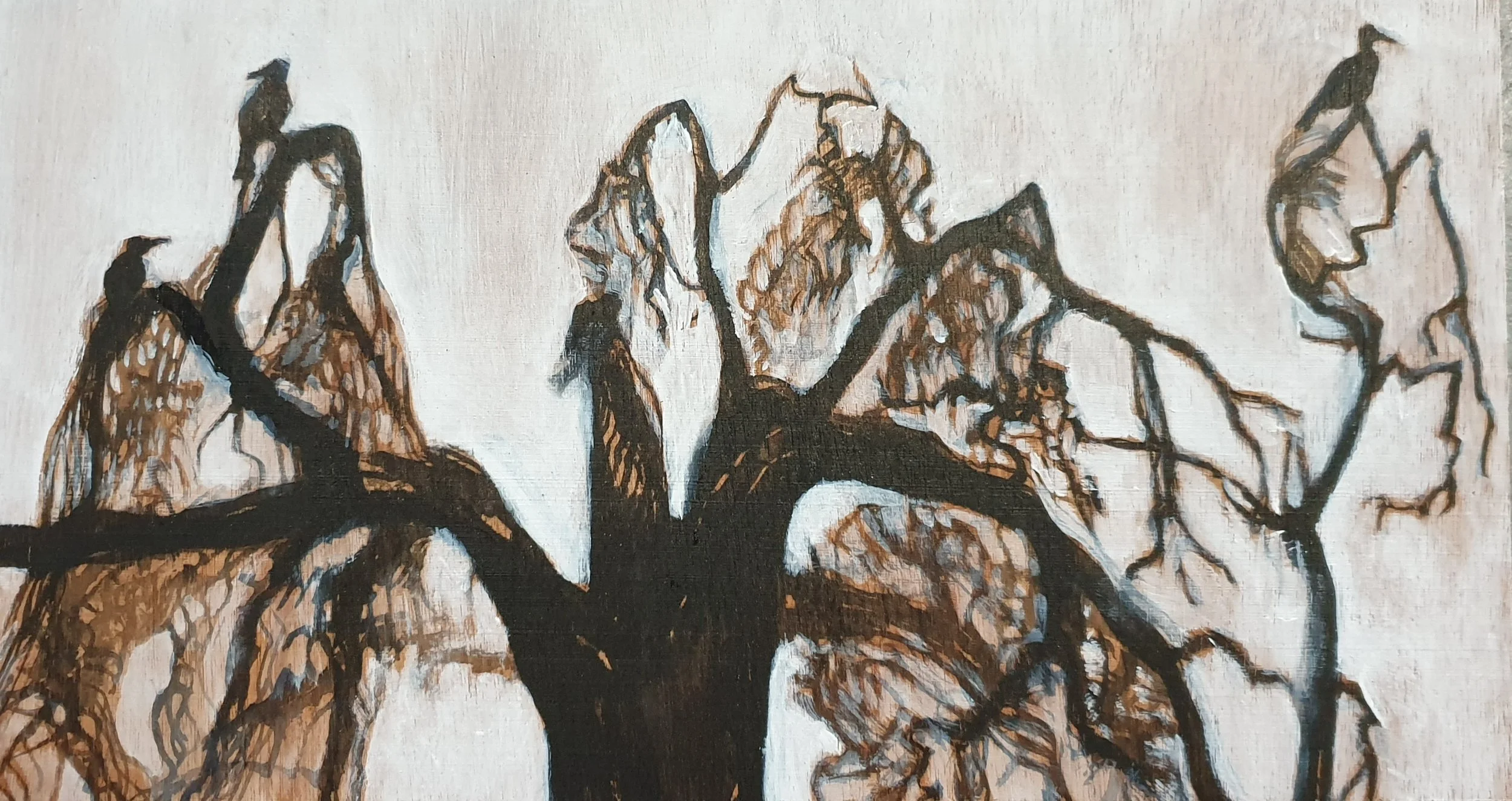 Aalscholverboom I | gemengde techniek op paneel | 2021 | 31x17 cm