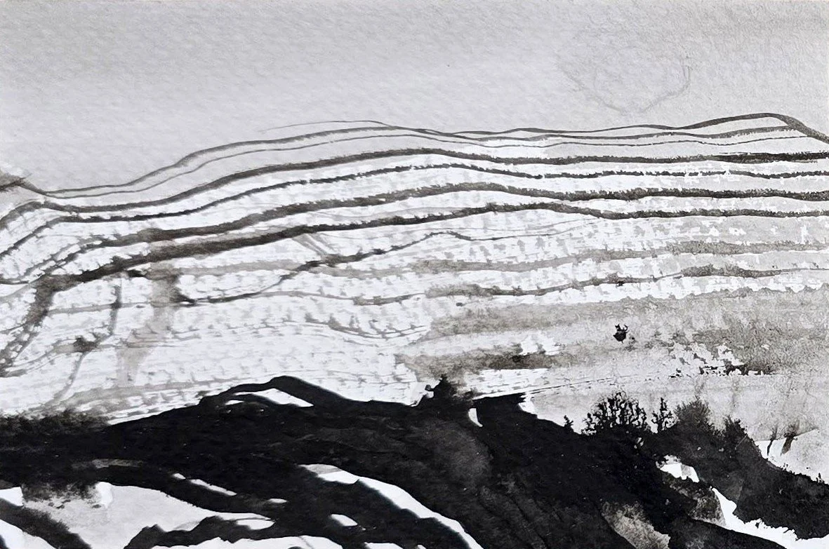 land[E]scape 6 | gemengde techniek op papier op paneel | 2025 | 12x8 cm