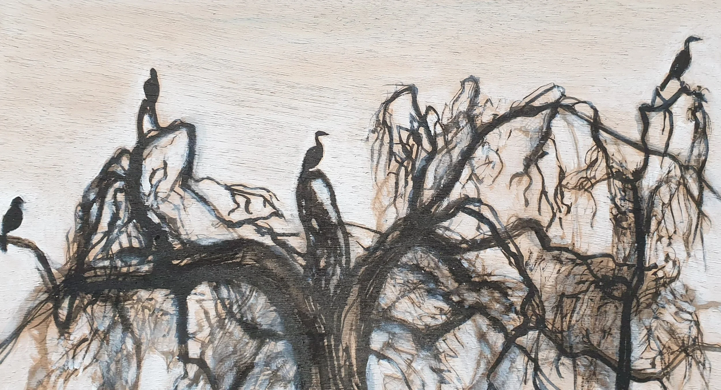 Aalscholverboom II | gemengde techniek op paneel | 2021 | 31x17 cm