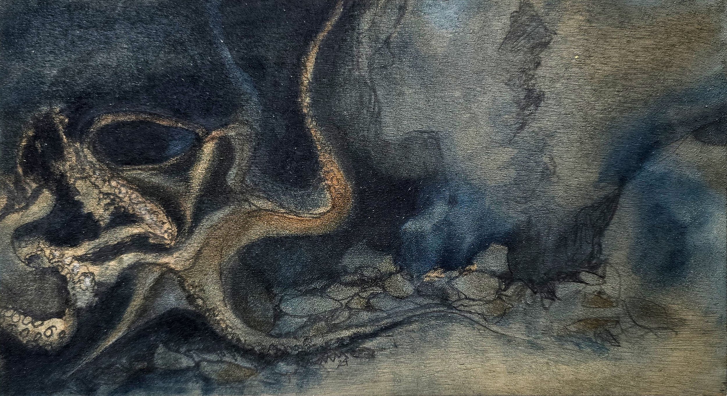 Aquatilibus - octopus I | gemengde techniek op paneel | 2024 | 31x17 cm