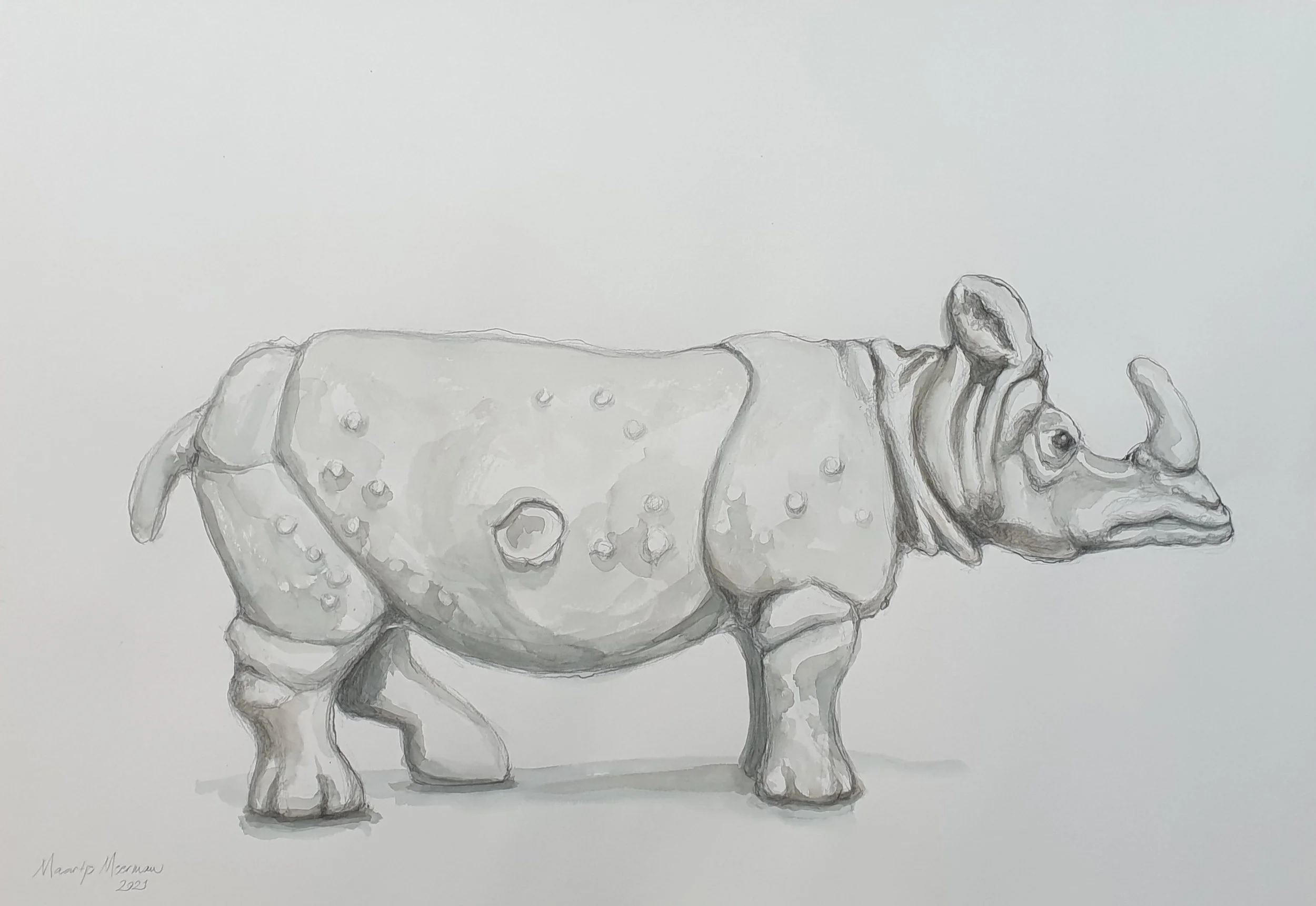 Made in China - Rhinoceros | grafiet en aquarel op papier | 2021 | 100x70 cm