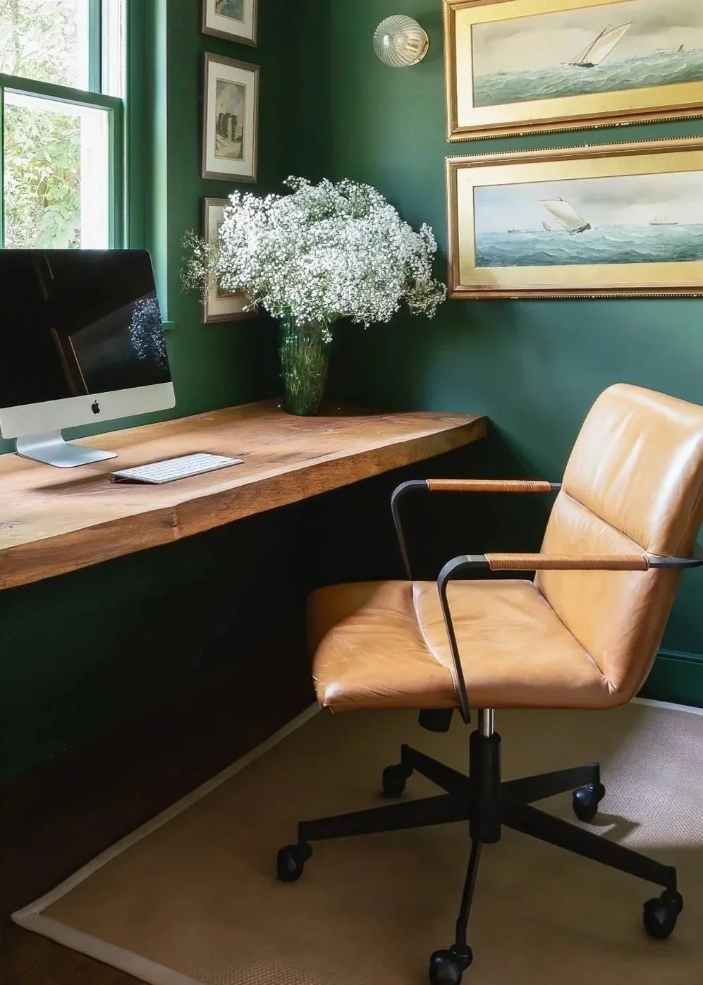 A cozy home office corner with a wooden desk, a tan leather swivel chair, a vase with white baby's breath flowers, framed maritime paintings on the green wall, and a window letting in natural light.