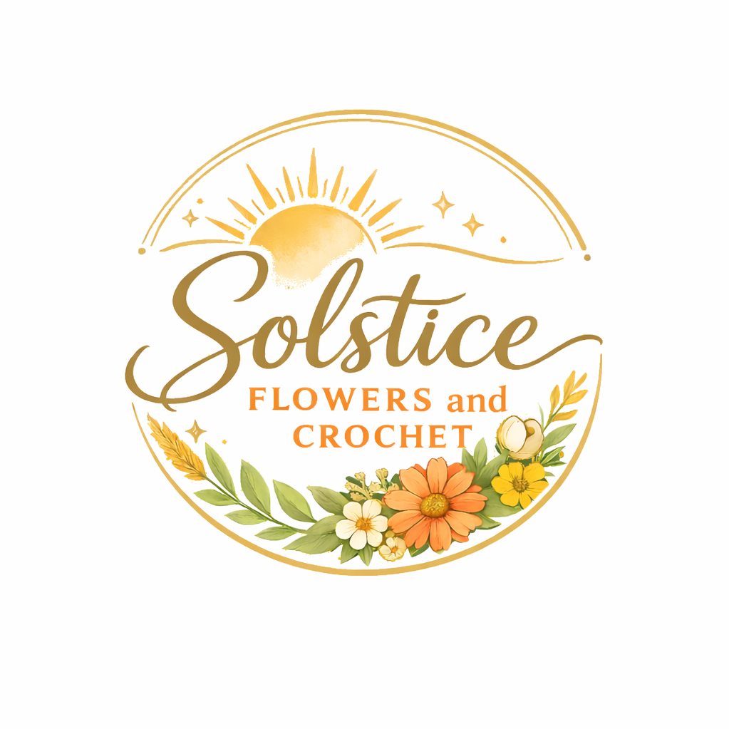 Logo for Solstice Flowers and Crochet, featuring a stylized sun with rays above the text, surrounded by floral elements including orange, yellow, and white flowers and green leaves.