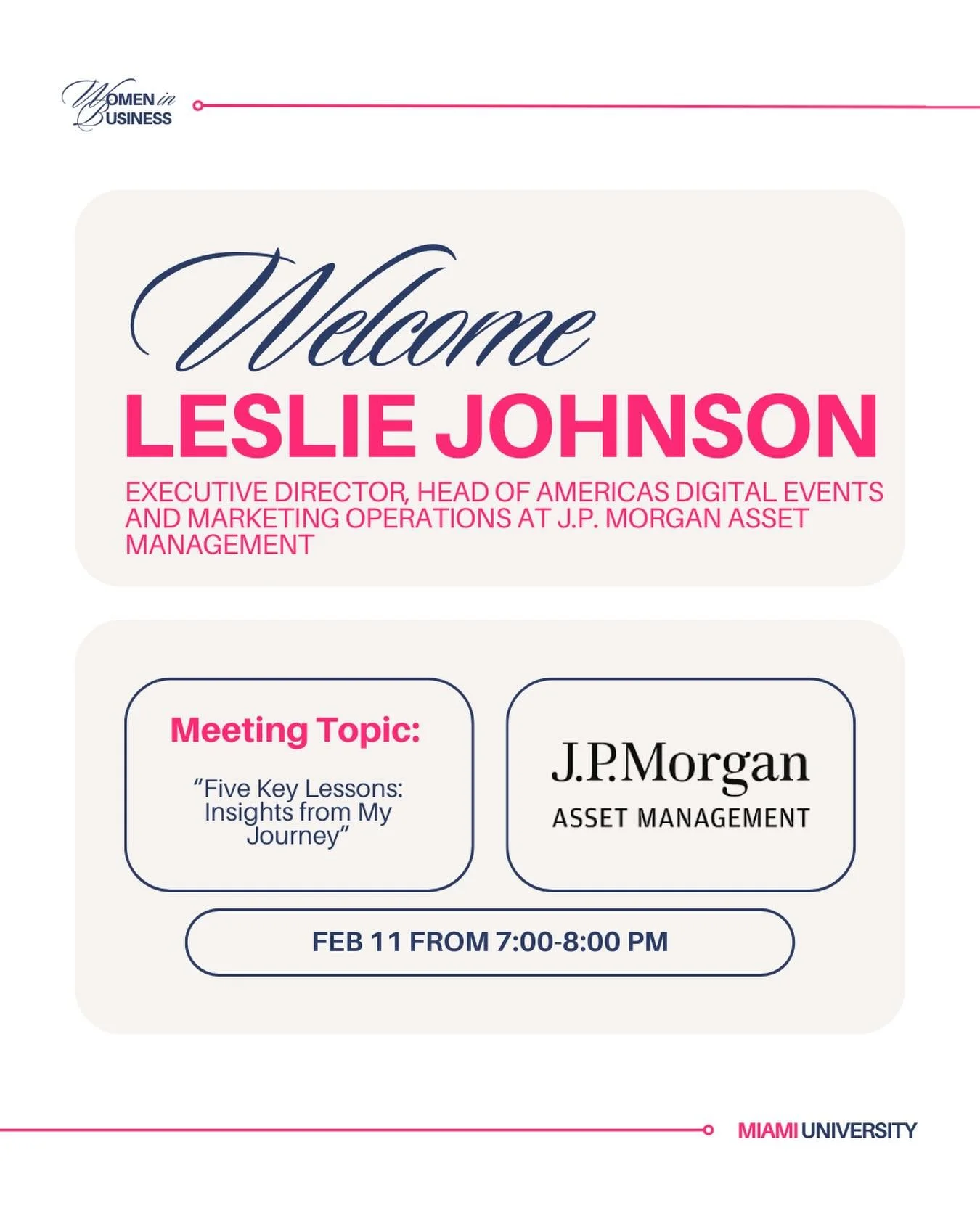 Tonight, we&rsquo;re thrilled to host Leslie Johnson, Executive Director and Head of Americas Digital Events and Marketing Operations at J.P. Morgan Asset Management, for her presentation &ldquo;Five Key Lessons: Insights from My Journey.&rdquo; ✨

L