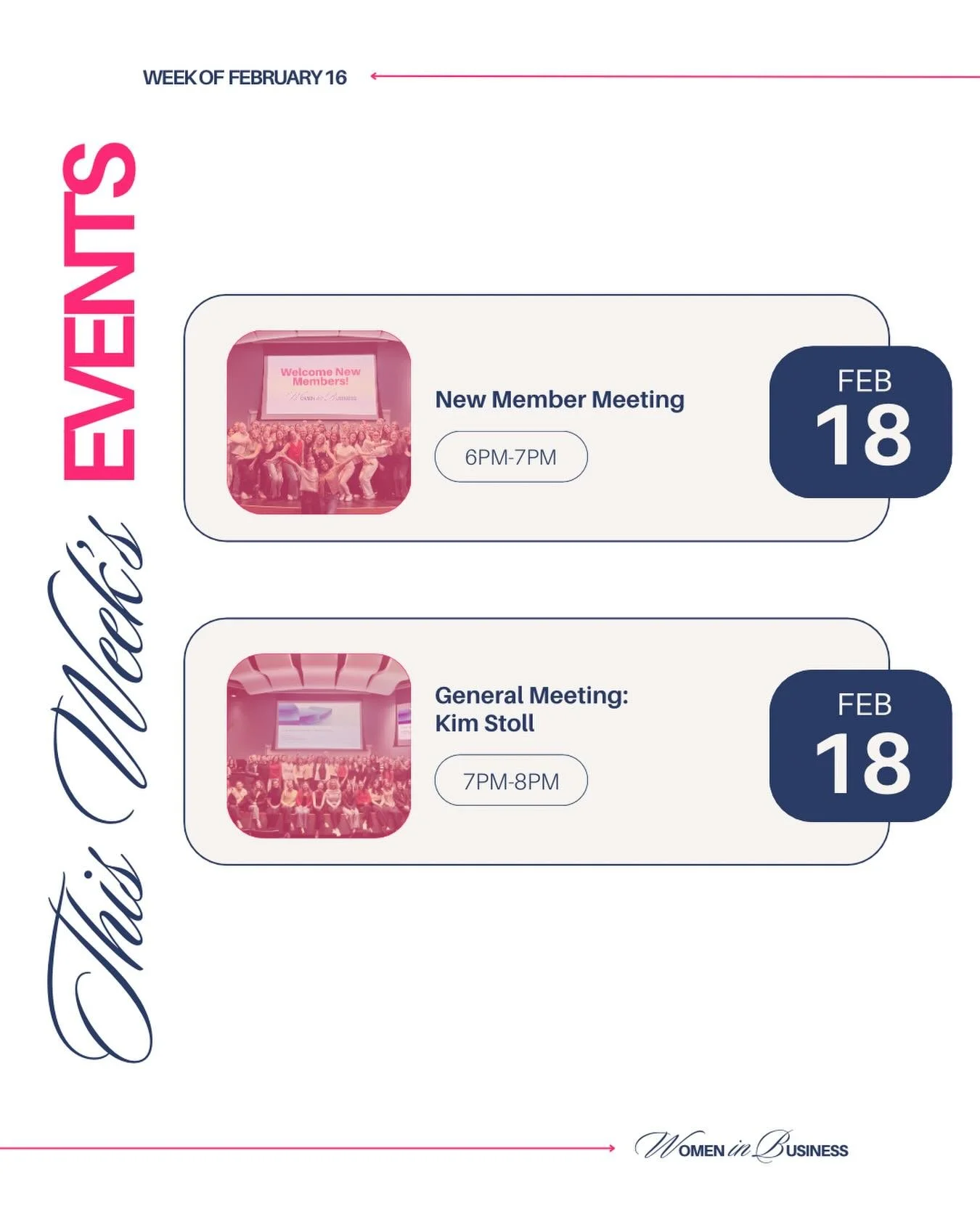 Happy Monday, WIB! We&rsquo;re so excited to officially welcome our new members at this week&rsquo;s New Member Meeting, followed by an inspiring presentation from Kim Stoll. We can&rsquo;t wait to see you all on Wednesday! 💕✨