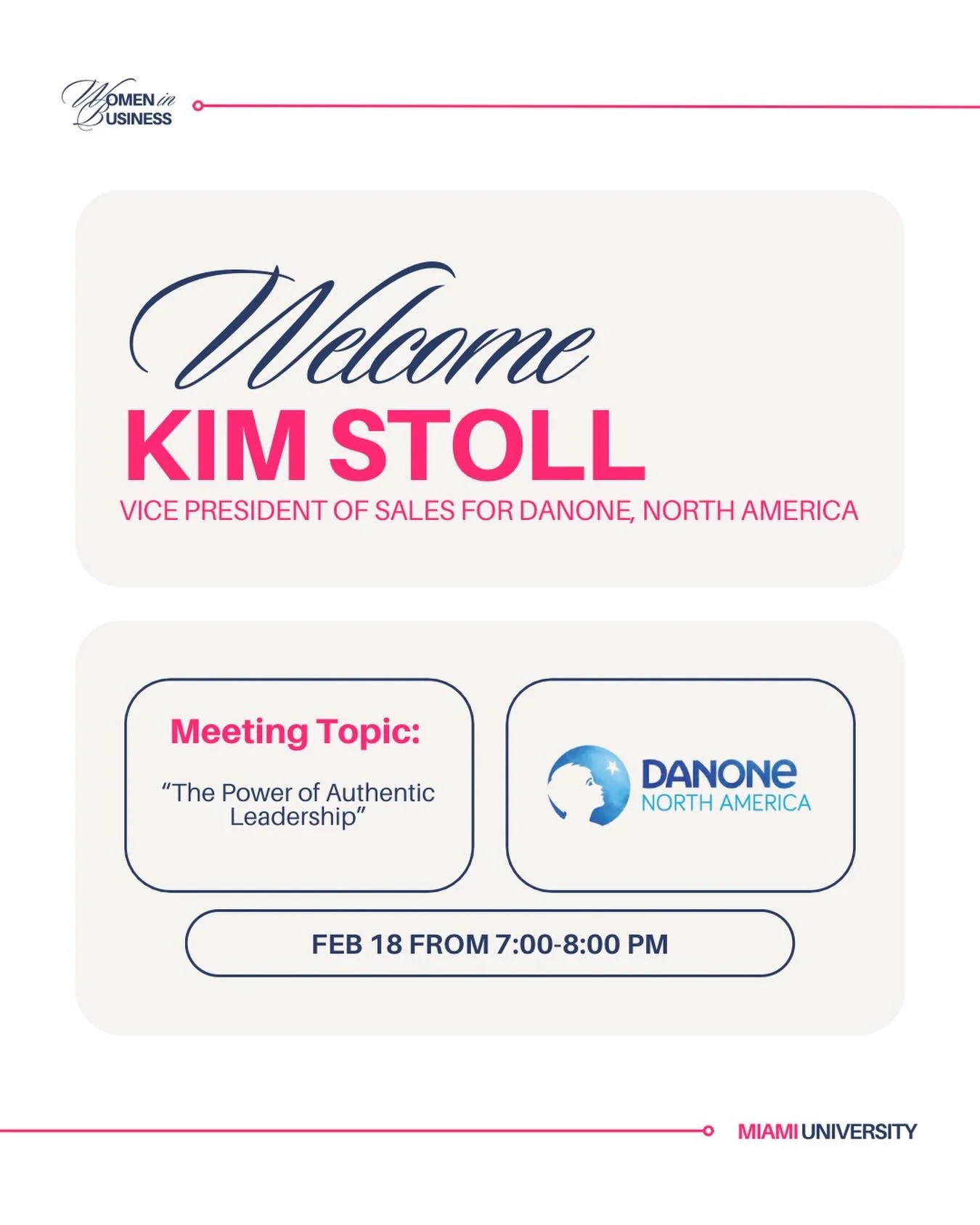 At tonight&rsquo;s meeting, we&rsquo;re excited to welcome back Kim Stoll, Vice President of Sales for Danone North America and a previous WIB speaker! 👩&zwj;💼

After graduating from Miami University with her degree in Marketing, Kim went on to wor