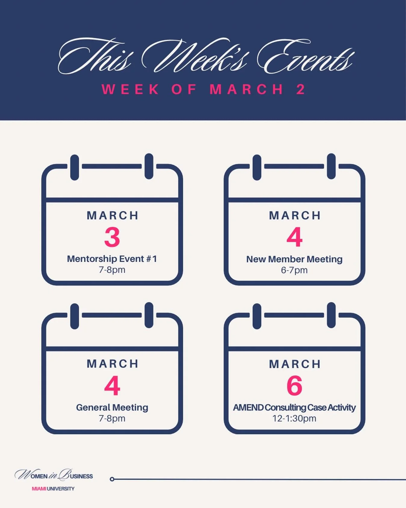 Happy Monday, WIB! 🤍✨

We have such an exciting week ahead, kicking things off with our first Mentorship Event, followed by our New Member Meeting and General Meeting, plus our AMEND Consulting case activity 💼📊 It&rsquo;s going to be a full week o