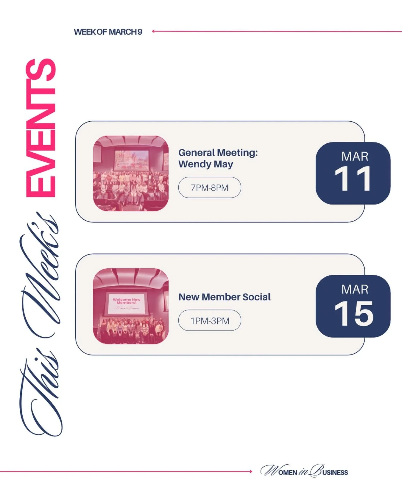 Happy Monday! 🩷

This week, we&rsquo;re excited to welcome Wendy May, President and COO of Design Collective by Cintas, as the speaker for our General Meeting. 👩&zwj;💼✨

To wrap up the week, we&rsquo;ll be hosting a New Member Social on Sunday, gi