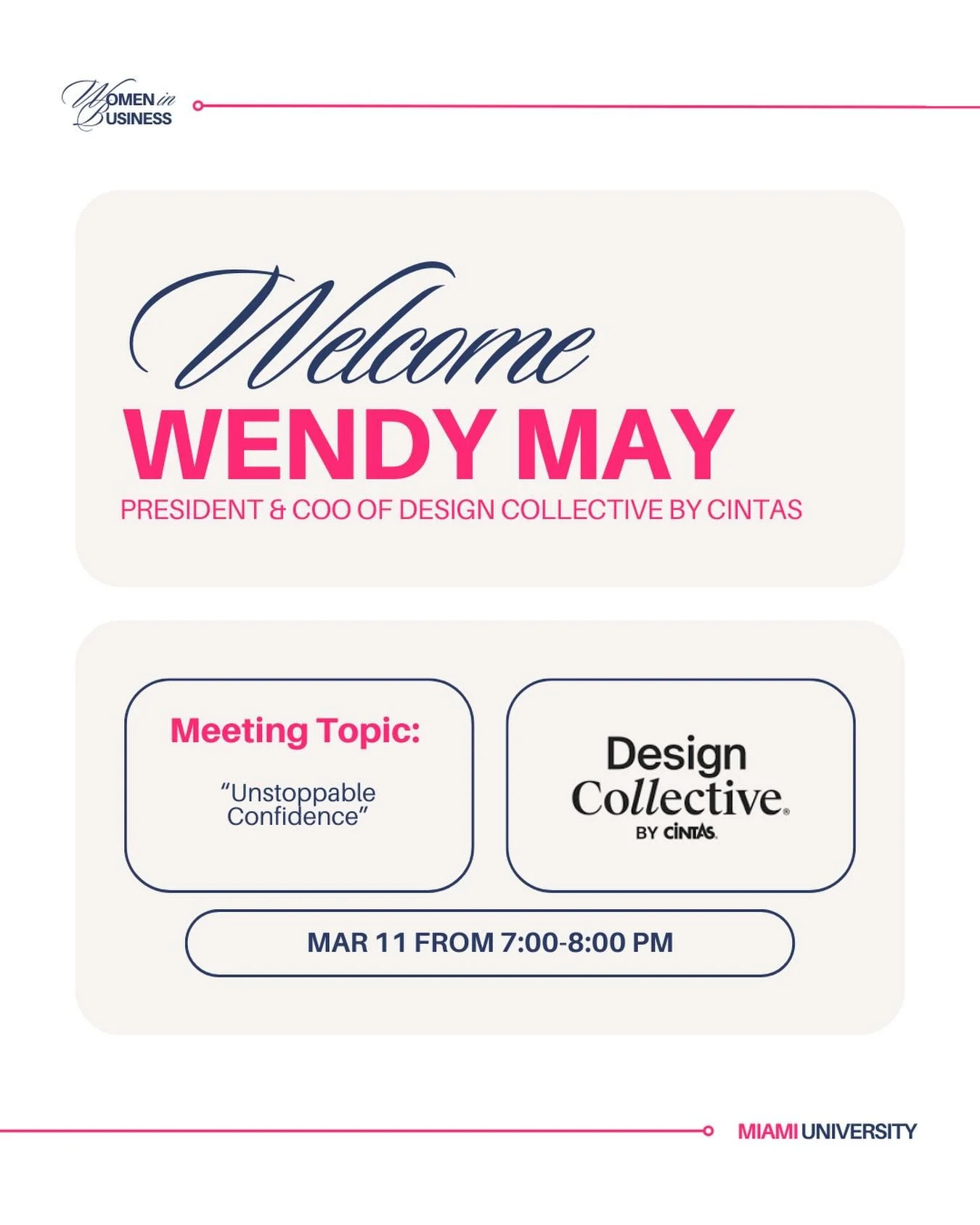 Tonight, we&rsquo;re thrilled to host Wendy May, President &amp; COO of Design Collective by Cintas, for her presentation &ldquo;Unstoppable Confidence.&rdquo; ✨

With over 16 years of experience at Cintas, Wendy has built a career defined by strateg