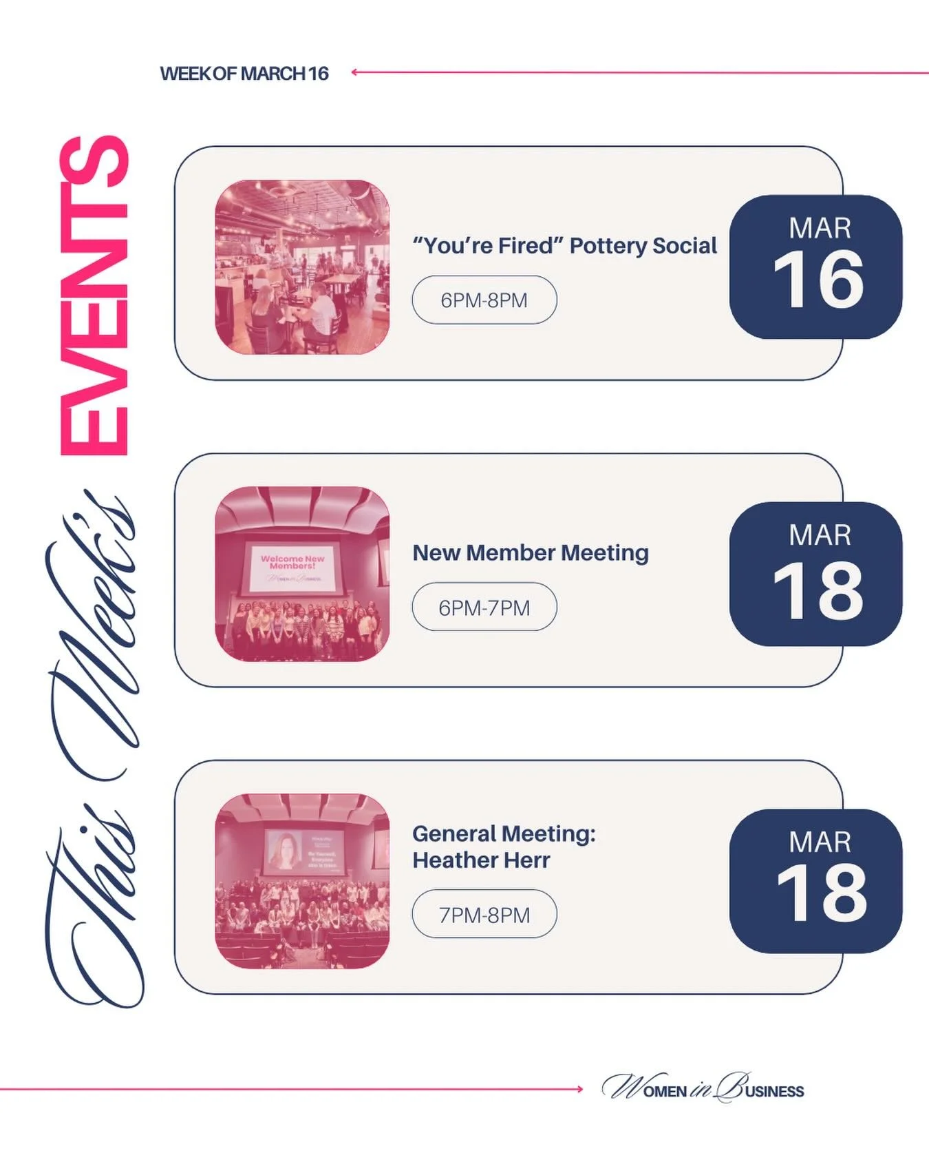 Happy Monday, WIB! We&rsquo;re so excited for another great week together! Join us for our New Member Meeting and General Meeting this Wednesday and don&rsquo;t miss our &ldquo;You&rsquo;re Fired&rdquo; Pottery Social for a fun chance to connect and 