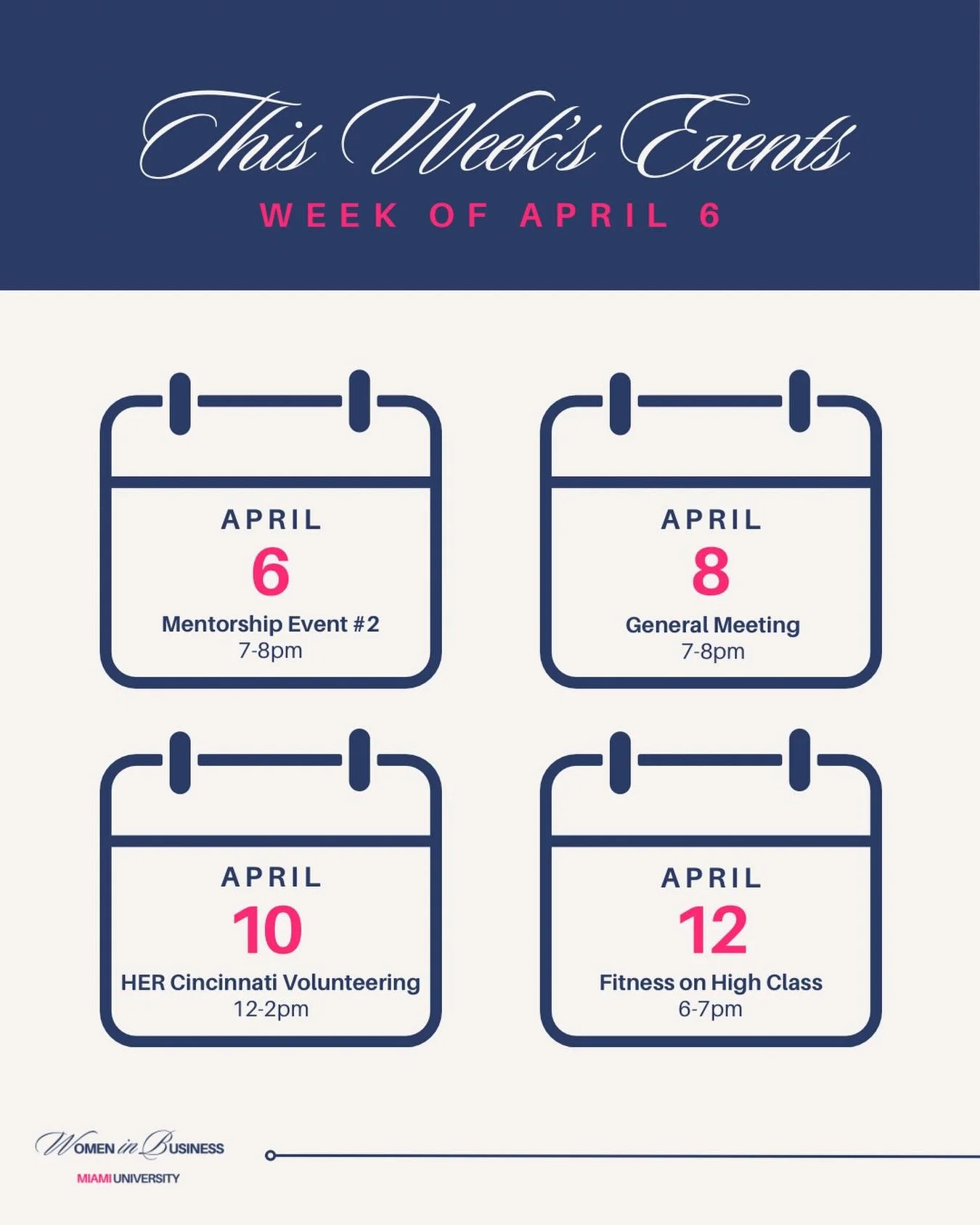 Happy Monday, WIB! 🤍✨

We have such an exciting week ahead, kicking things off with Mentorship Event #2, followed by our General Meeting, HER Cincinnati volunteering, and a Fitness on High class. It&rsquo;s going to be a full week of connection, gro