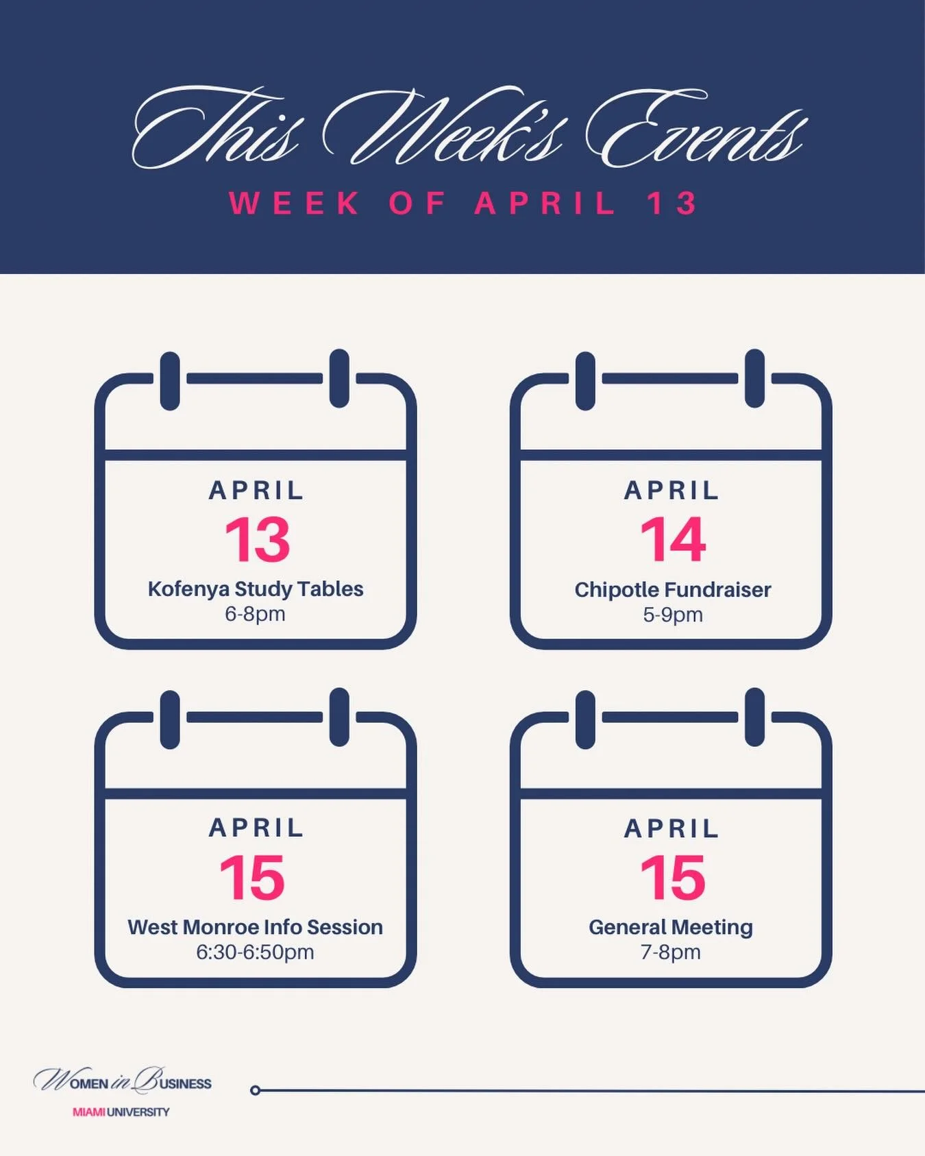 Happy Monday, WIB! We&rsquo;re so excited for a full week ahead with Kofenya Study Tables today and our Chipotle Fundraiser on Tuesday. Join us for a West Monroe Info Session right before our general meeting, followed by an inspiring presentation fro