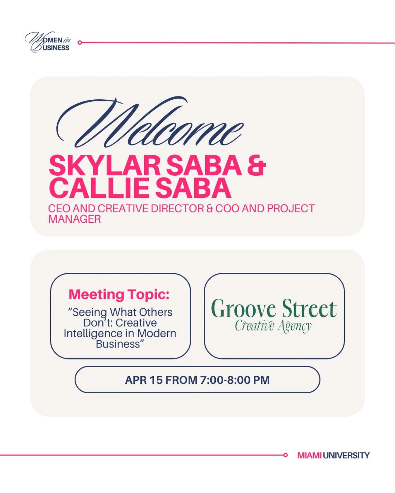 This Wednesday, we&rsquo;re excited to welcome Skylar Saba and Callie Saba from Groove Street Creative for a special presentation on &ldquo;Seeing What Others Don&rsquo;t: Creative Intelligence in Modern Business&rdquo;! 🎨💡

Skylar Saba is the Foun