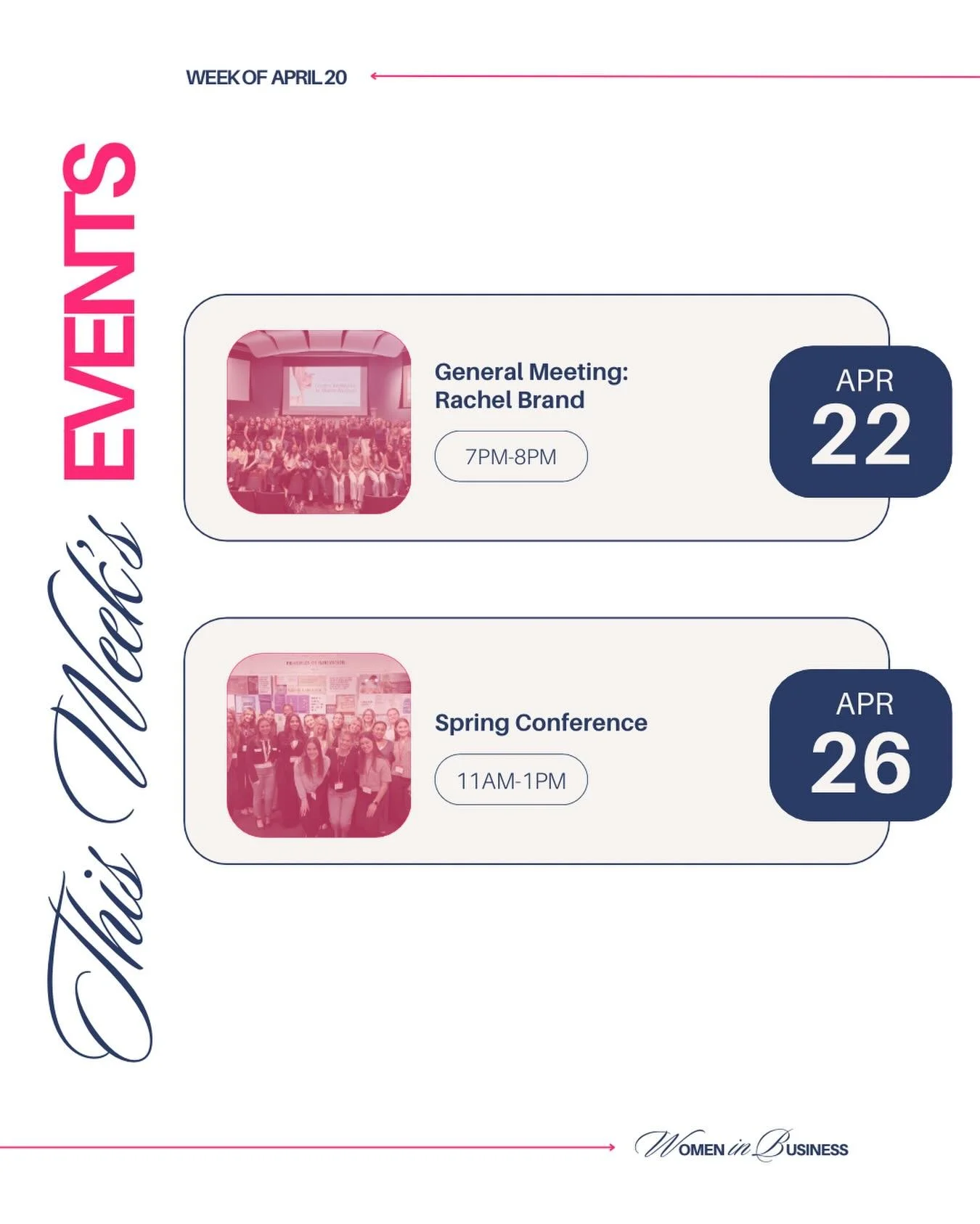 Happy Monday! 🩷

This week, we&rsquo;re excited to welcome Rachel Brand, Campus Talent Acquisition Manager at Cintas, as the speaker for our General Meeting. 👩&zwj;💼✨

To wrap up the week, we&rsquo;ll be hosting our Spring Conference, Illuminate: 