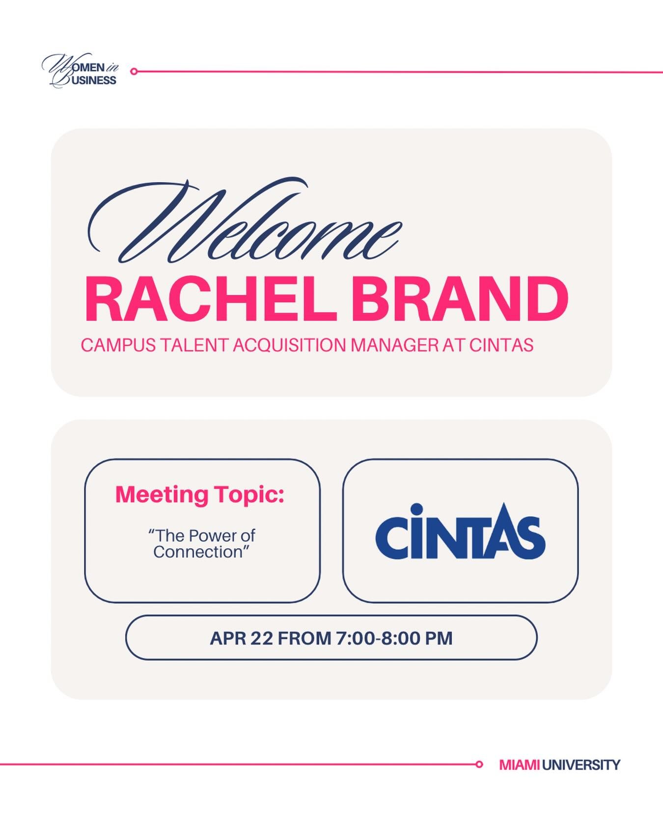 At tonight&rsquo;s meeting, we are excited to host Rachel Brand, Campus Talent Acquisition Manager at Cintas! ✨

Rachel is a graduate of Western Kentucky University, where she earned a degree in Family Studies, followed by a master&rsquo;s in Organiz