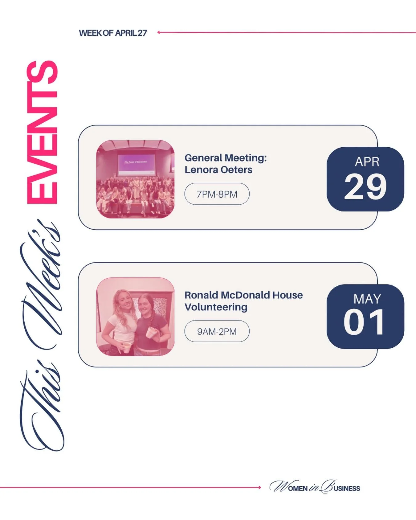 Happy Monday! 🩷

This week, we&rsquo;re excited to welcome Lenora Oeters, Vice President of the American Cancer Society, as the speaker for our General Meeting. 👩&zwj;💼✨ She&rsquo;ll be sharing her insights on &ldquo;Leading as a Woman in Nonprofi