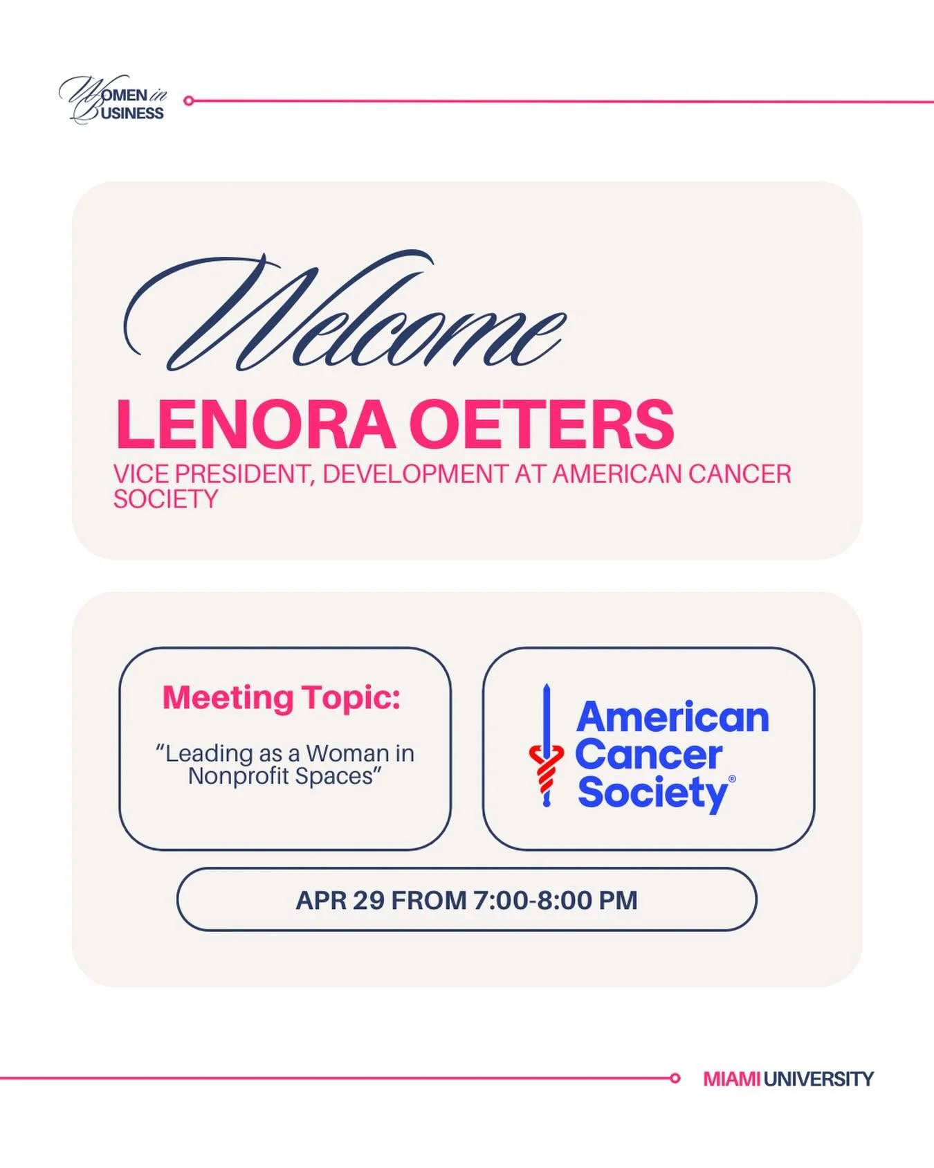 Happy Wednesday, WIB! 💛 Join us tonight as we welcome Lenora Oeters, Vice President of the American Cancer Society!

Lenora will be leading a presentation titled &ldquo;Leading as a Woman in Nonprofit Spaces,&rdquo; where she&rsquo;ll share her pers