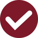 A white check mark on a dark red circular background.