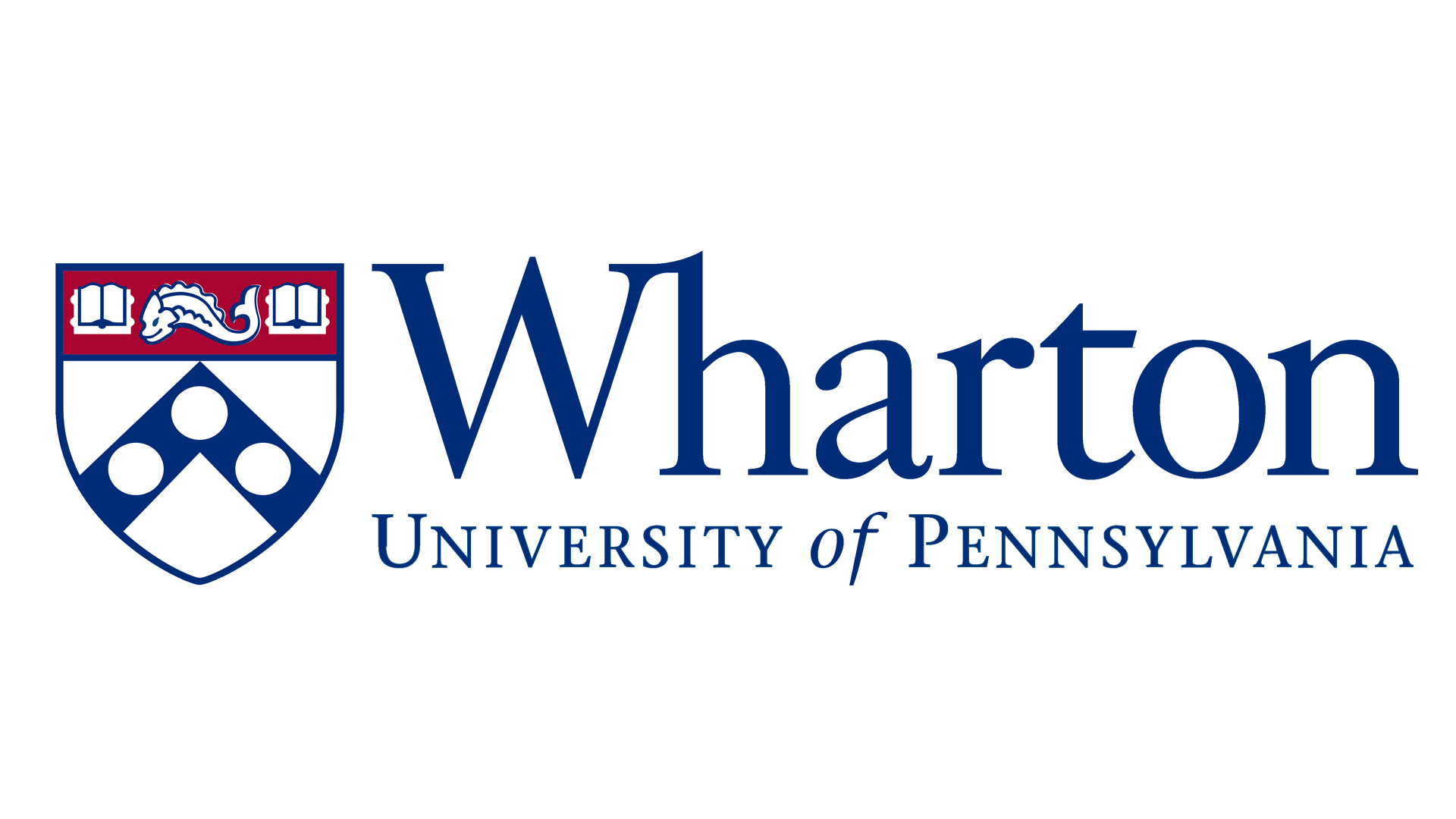 Wharton School of the University of Pennsylvania logo with a shield featuring a dragon and open books, and text reading 'Wharton University of Pennsylvania' in blue.