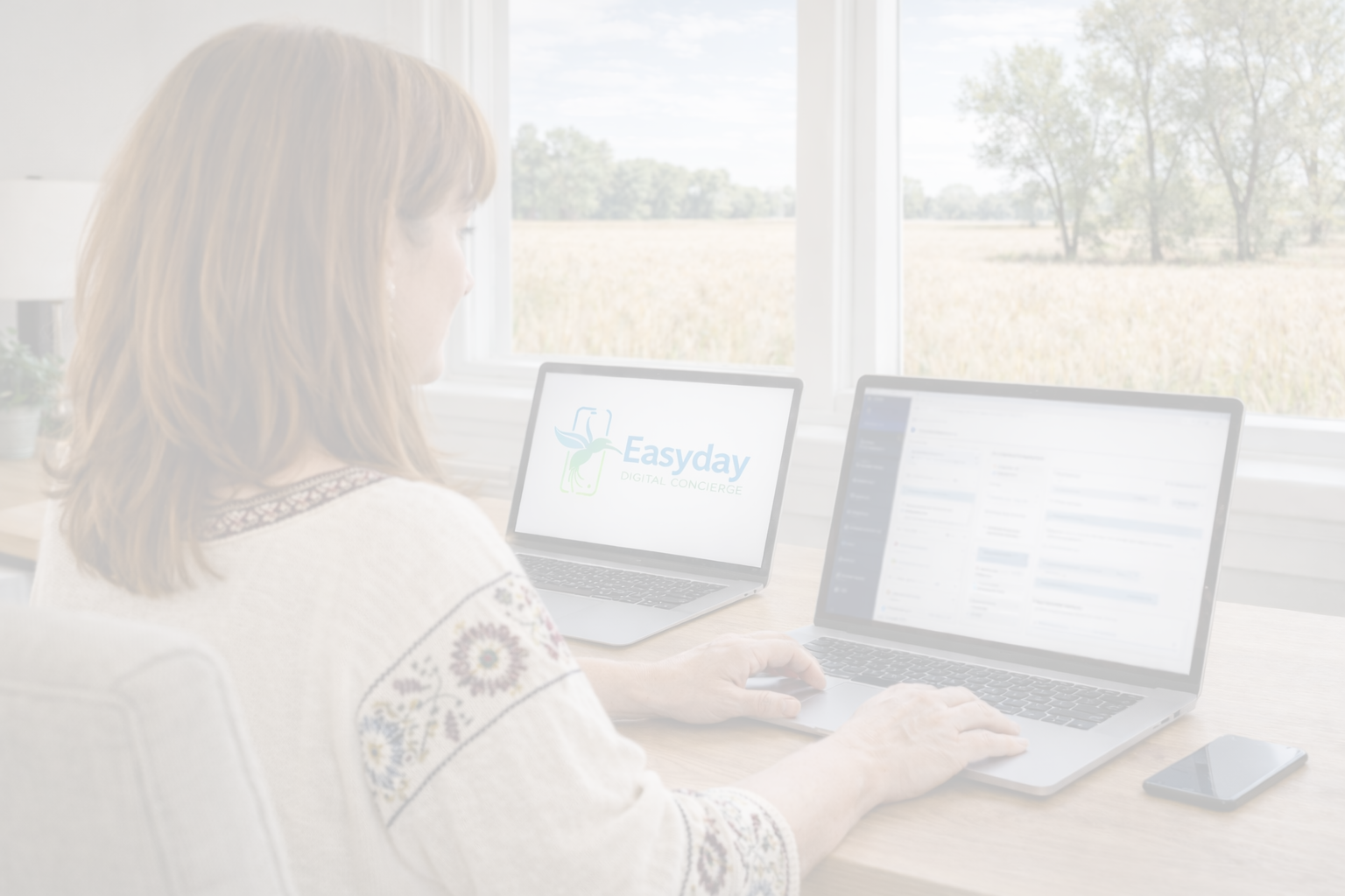 Consultant working on client's computer and phone setup