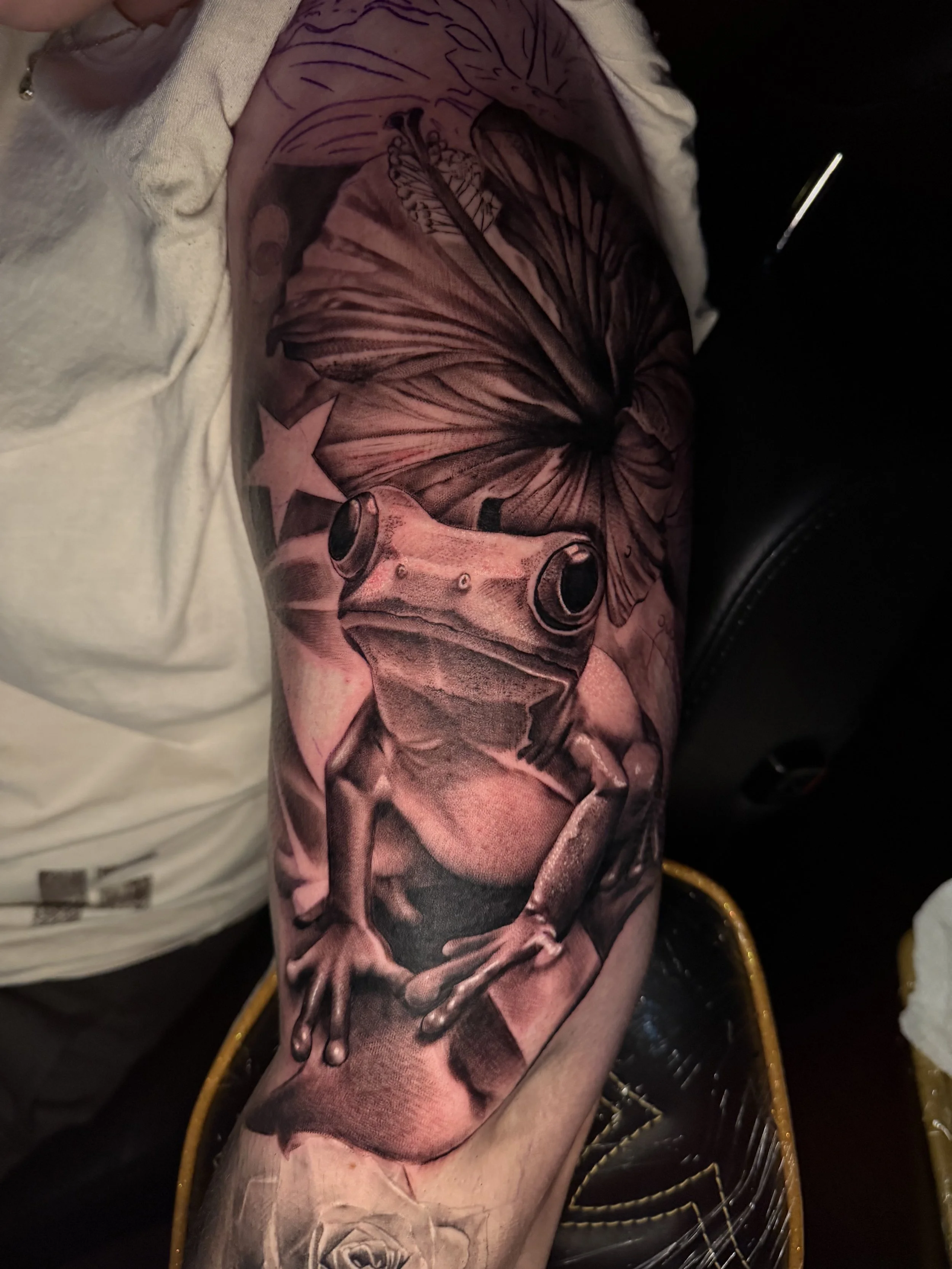 Black and gray tattoo of a frog standing on a surface with a large butterfly behind it, a star to the left of the butterfly, and a rose at the bottom of the forearm.