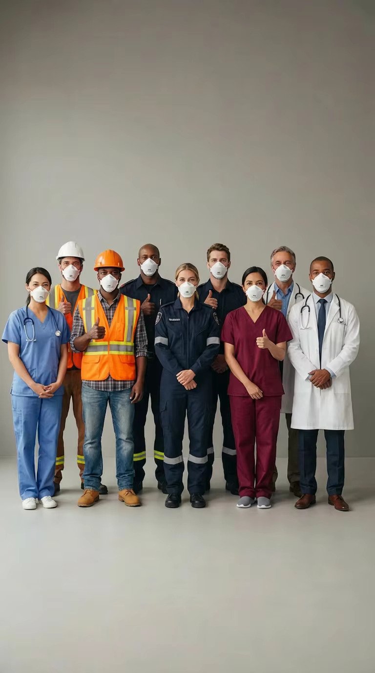 Group of healthcare professionals wearing masks, including doctors, nurses, and construction worker, standing together for a team photo.