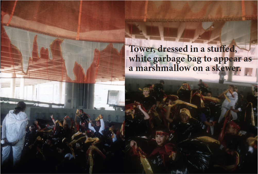 "Hibachi", Performance, 3/4
Artist, Tricia Harrison, joined Tower as a "Marshmallow" in this performance.

Performed Sculpture
Sponsored by The Sculpture Center, NYC.