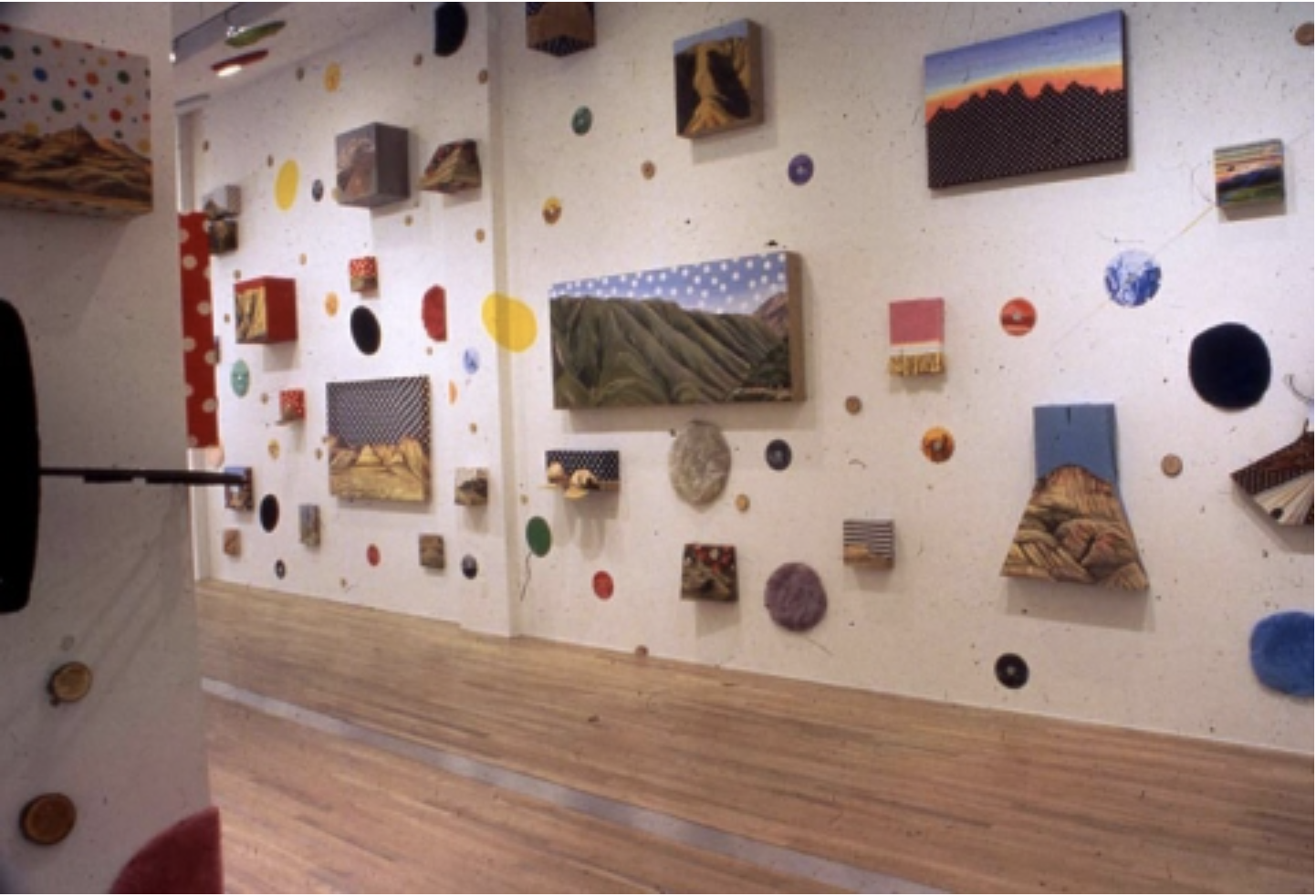 "Western" inspired Installation. Artist had been a resident of the Ucross foundation in Wyoming. In response to the obsessively repetitious hilly surrounds, the artist collected any polka dotted material or circular objects to paint on from local Wyo