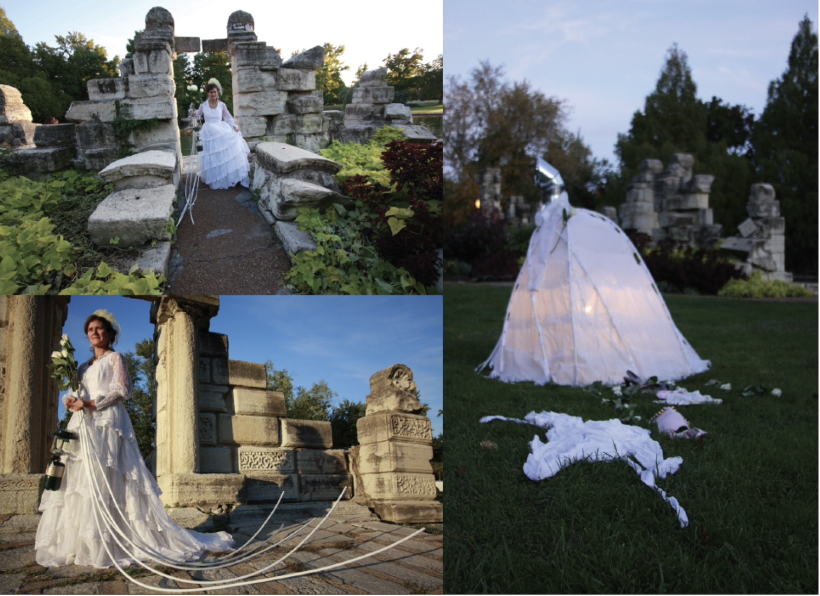"Wedding Dress Home", 2009, 2/2
Wedding dress and tent stakes
4'x6'x6'