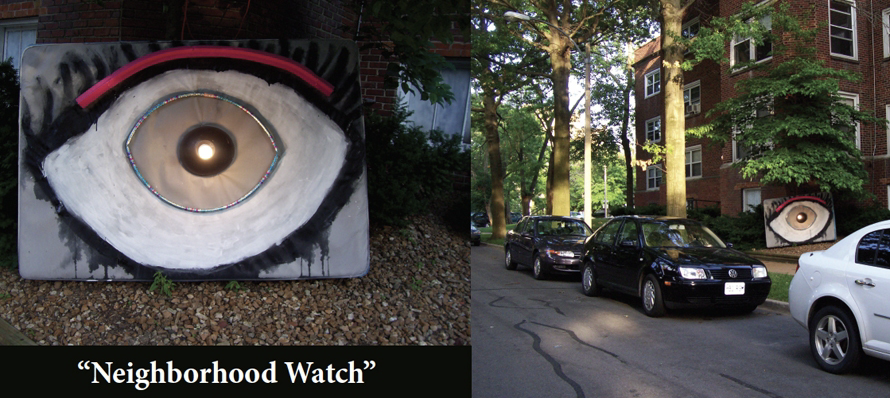 "Neighborhood Watch", 2010, 1/2
Recycled Mattresses, mixed media, motion detector lights