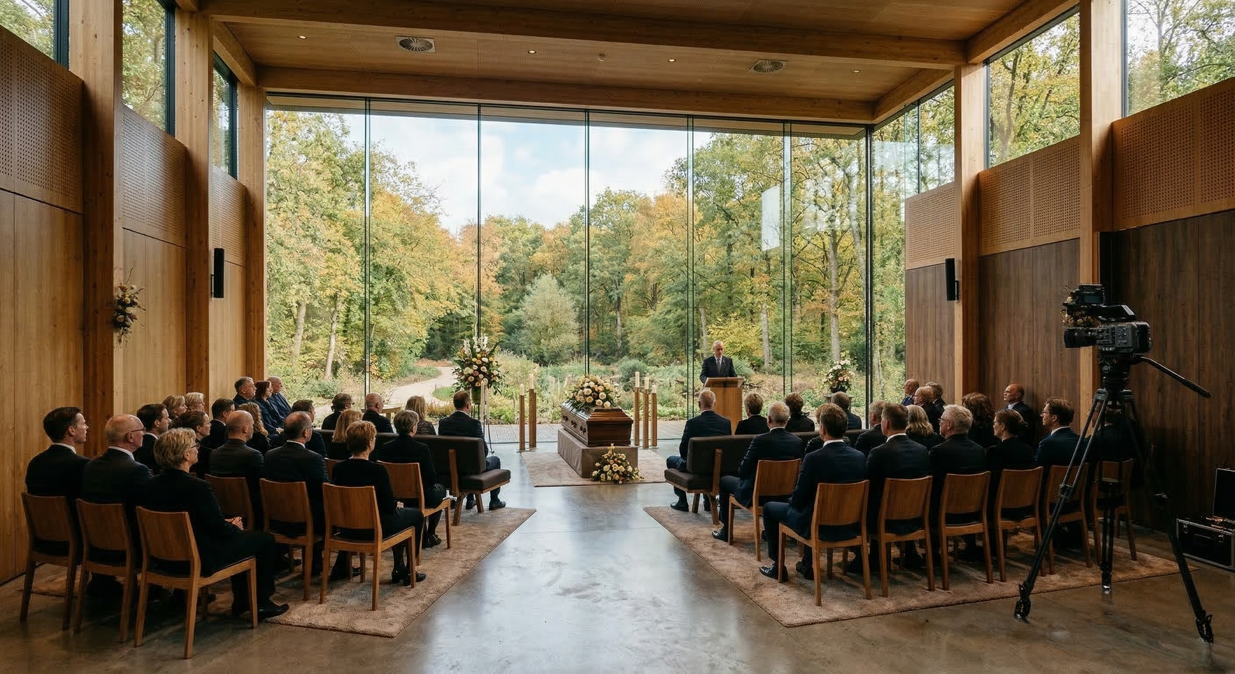 Uitvaartceremonie in een moderne kapel met grote glazen wanden, aanwezigheid van veel mensen in formele kleding, bloemen, een kist, en een spreker bij de podium.