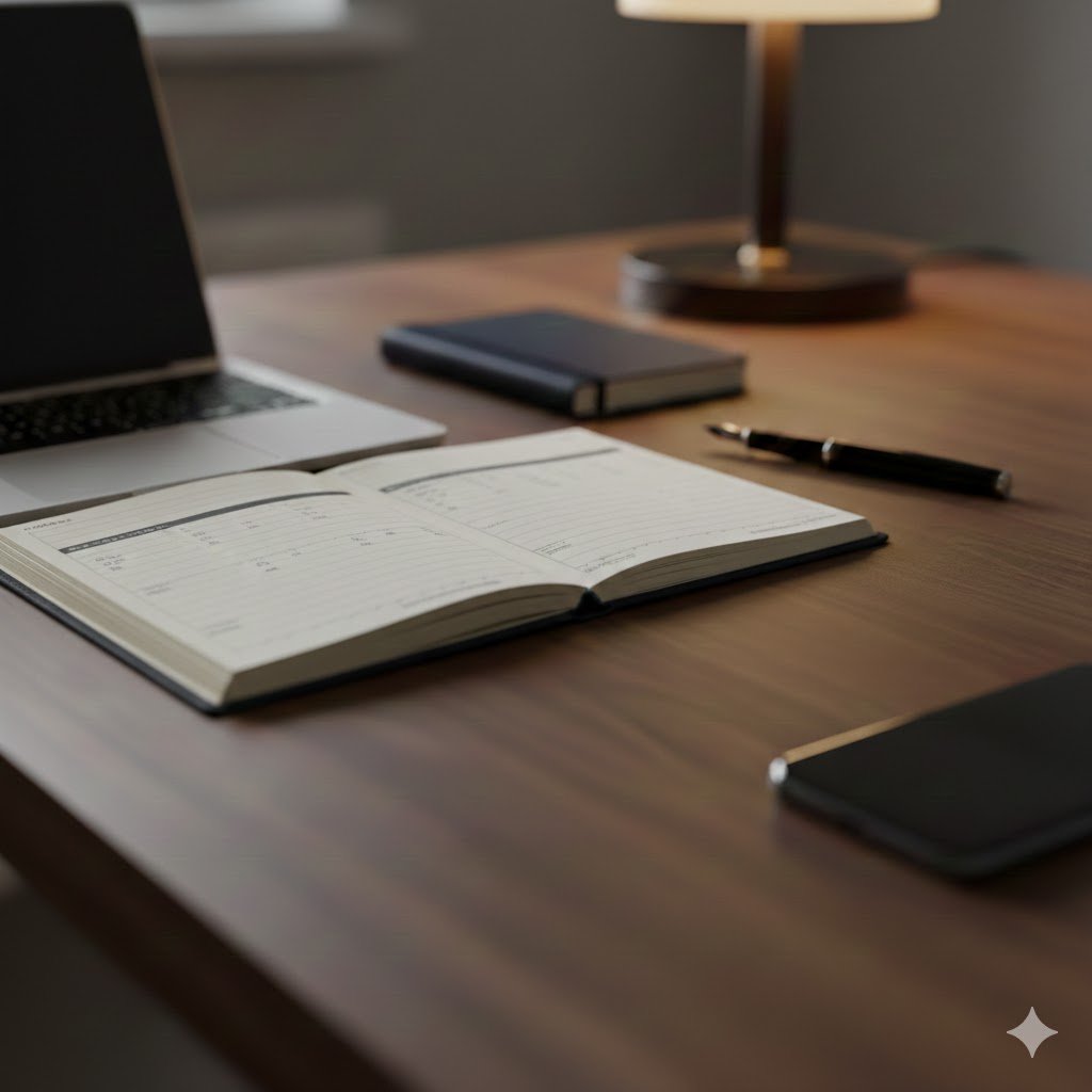 Een werkplek met een open dagboek, een pen, een laptop, een notitieboekje, een tafellamp en een smartphone op een houten bureau.