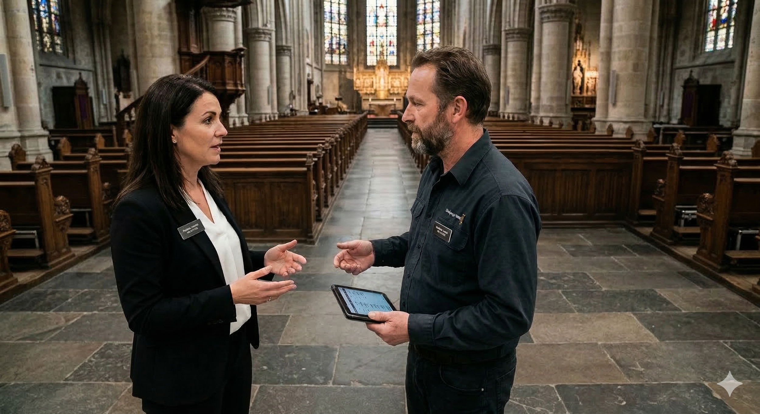 Twee mensen die in een kerk of kathedraal staan, ze lijken in gesprek te zijn. Een vrouw met donker haar en een man met een baard en korte haren, beiden dragen zakelijke kleding en ik heb een tablet in mijn hand. De kerk heeft hoge gewelven, stenen vloeren en grote geruite ramen.