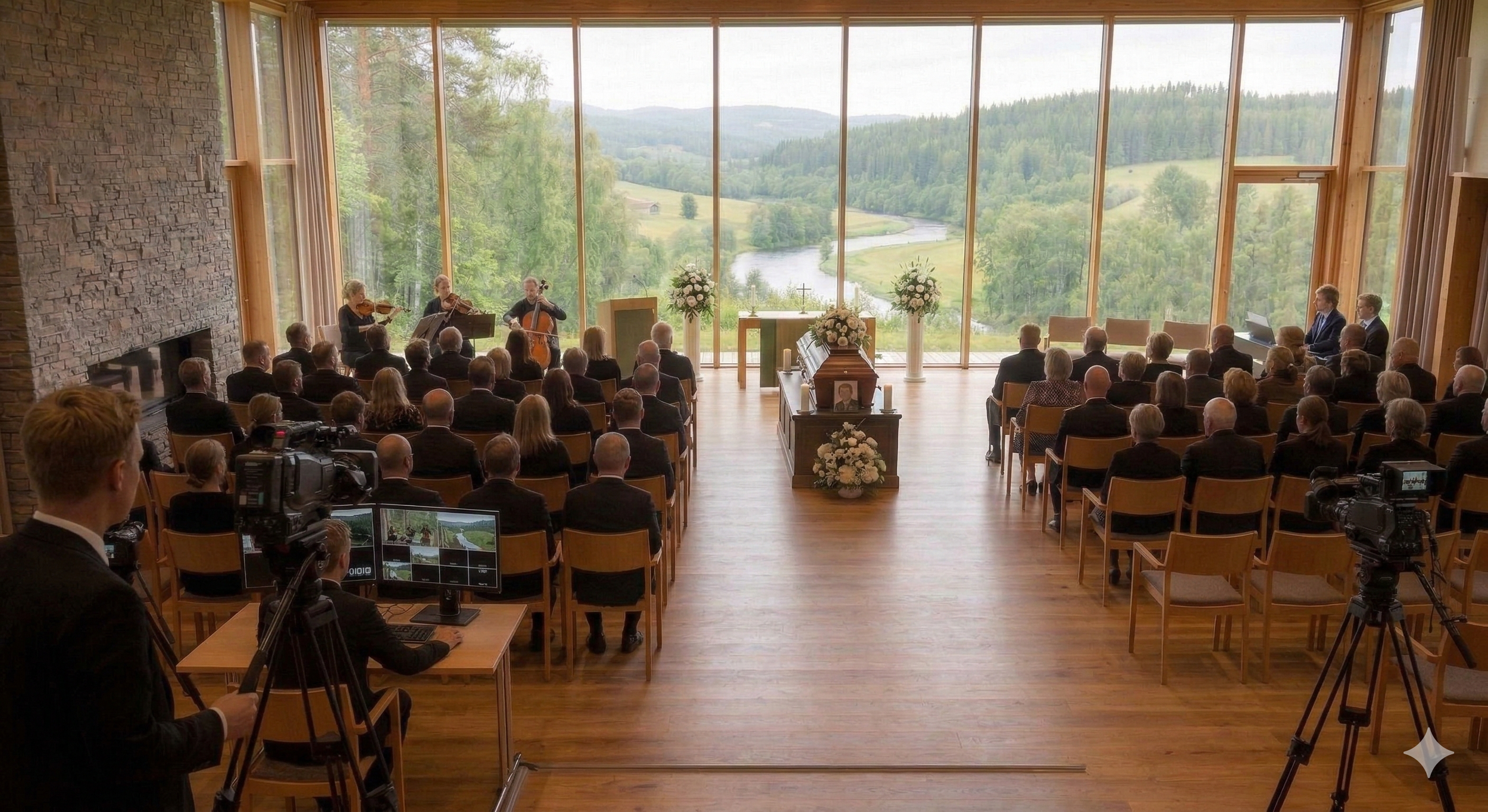 Binnen in een kerk met grote glazen ramen die uitkijken op een groene landschap met riviertje, er is een begrafenis met mensen die naar een muzikale uitvoering luisteren, musicerend paar met instrumenten, camera's filmen de dienst.