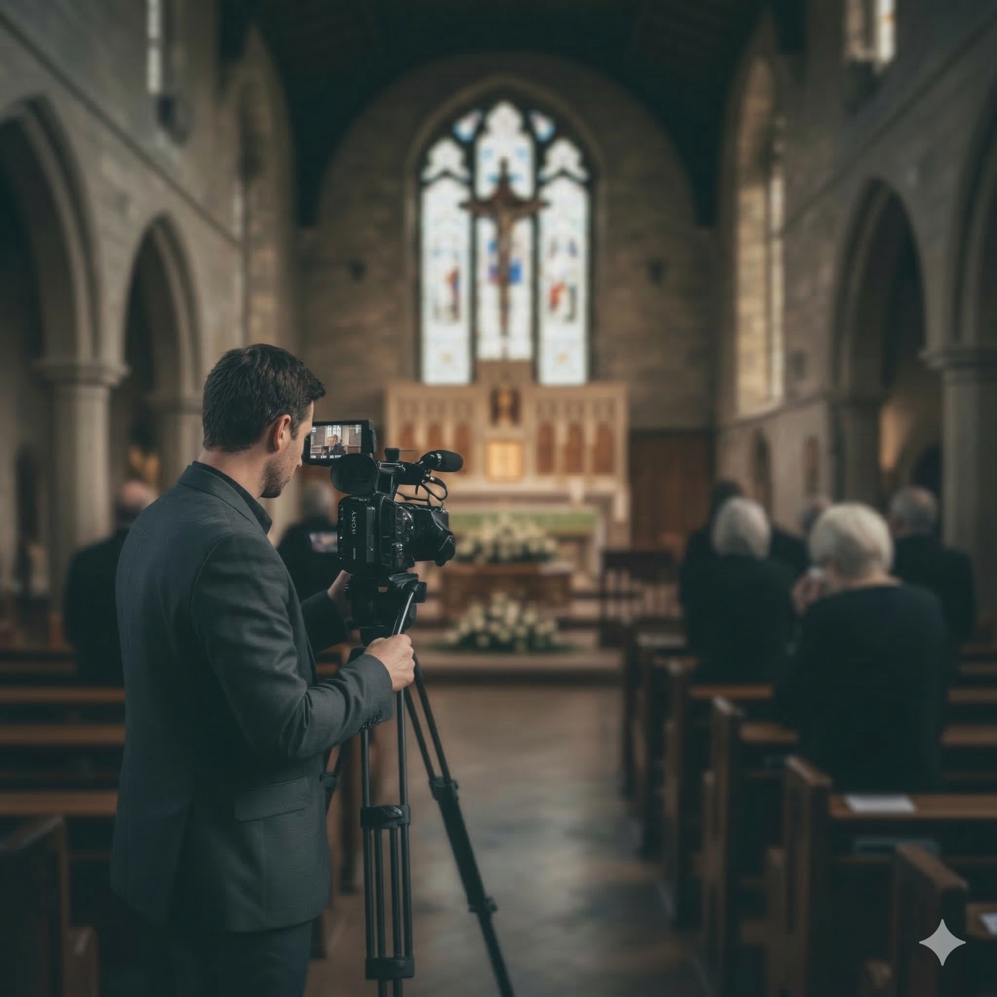 Videograaf in een kerk met hoge gewelven en grote ramen met gekleurde glas-in-loodpanelen op de achtergrond.