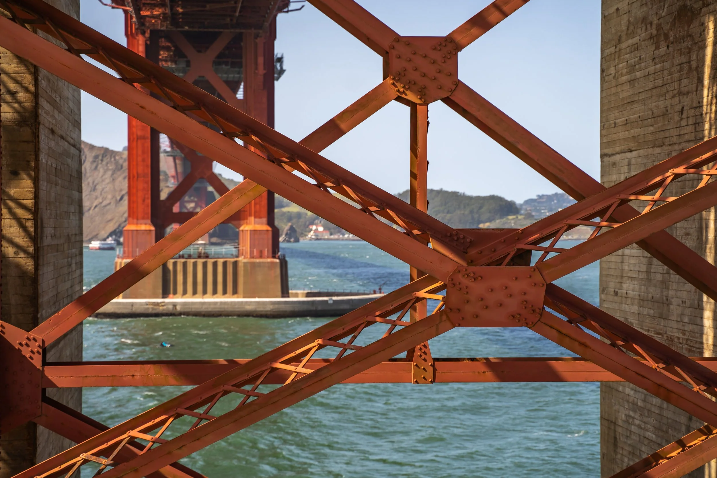 Closeup of Golden Gate Bridge from below